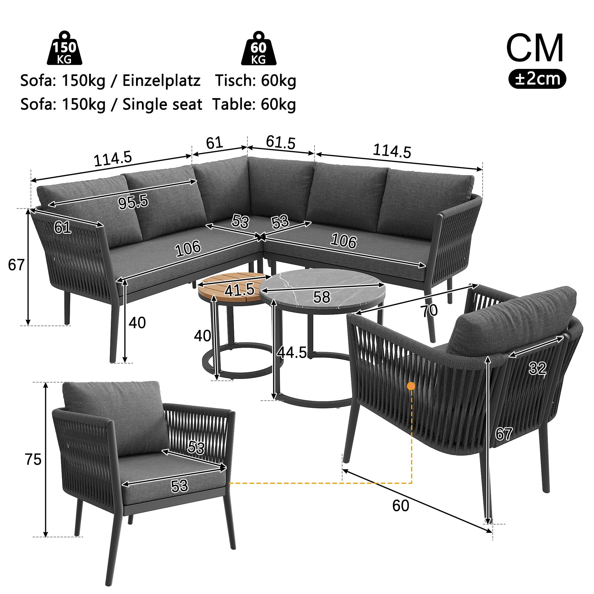 Salon de Jardin avec 2 Canapés 1 Fauteuil 1 Module d'angle et 2 Tables pour terrasse Olefin Gris - Image 5