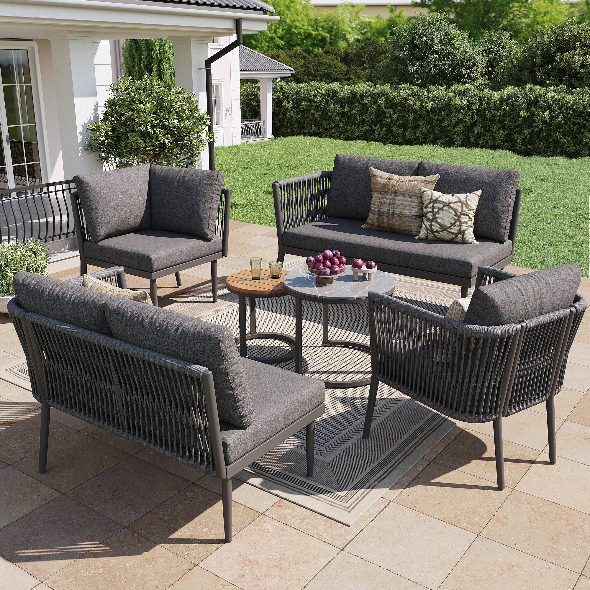 Salon de Jardin avec 2 Canapés 1 Fauteuil 1 Module d'angle et 2 Tables pour terrasse Olefin Gris - Image 4