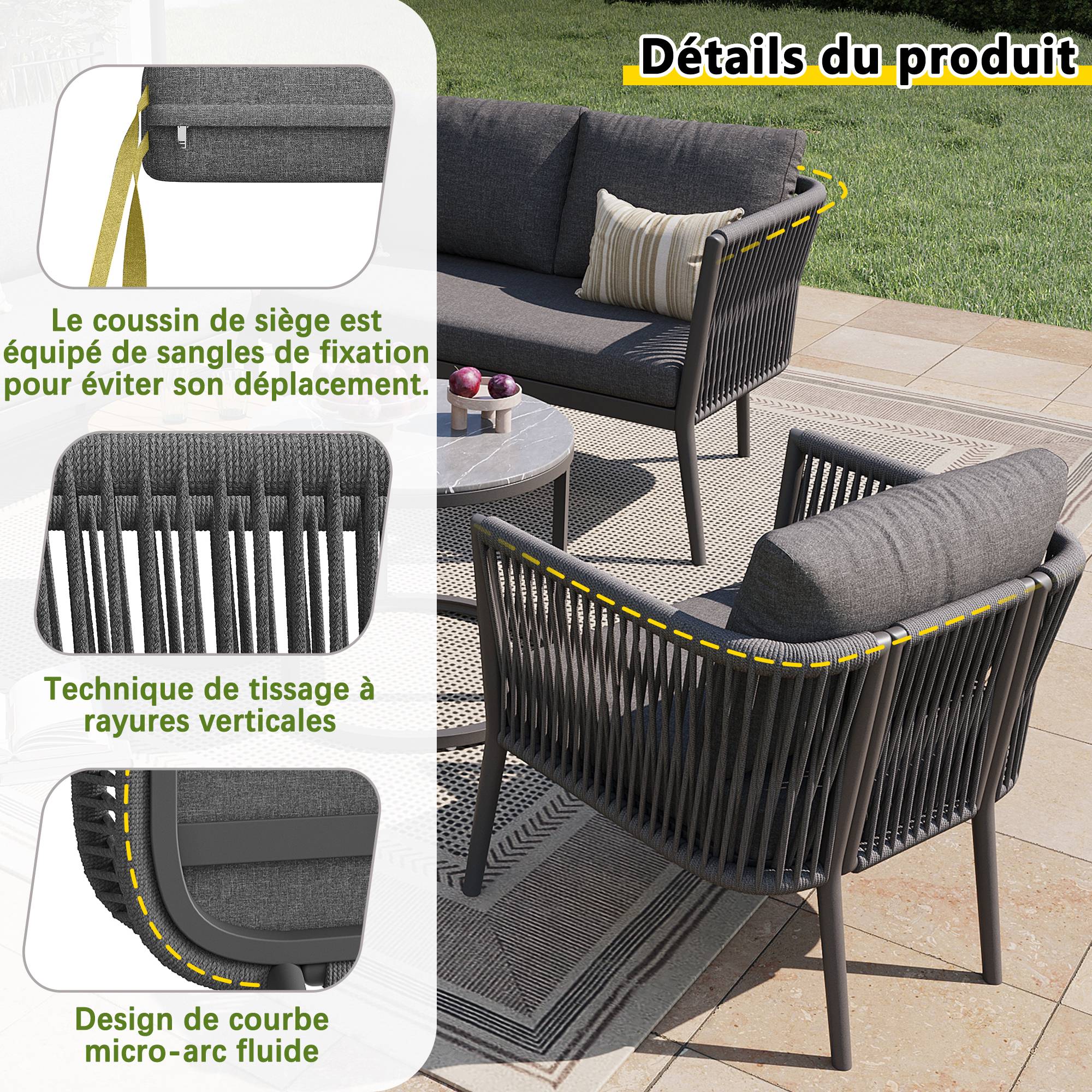 Salon de Jardin avec 2 Canapés 1 Fauteuil 1 Module d'angle et 2 Tables pour terrasse Olefin Gris - Image 10