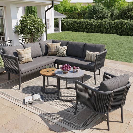 Salon de Jardin avec 2 Canapés 1 Fauteuil 1 Module d'angle et 2 Tables pour terrasse Olefin Gris - Image 2