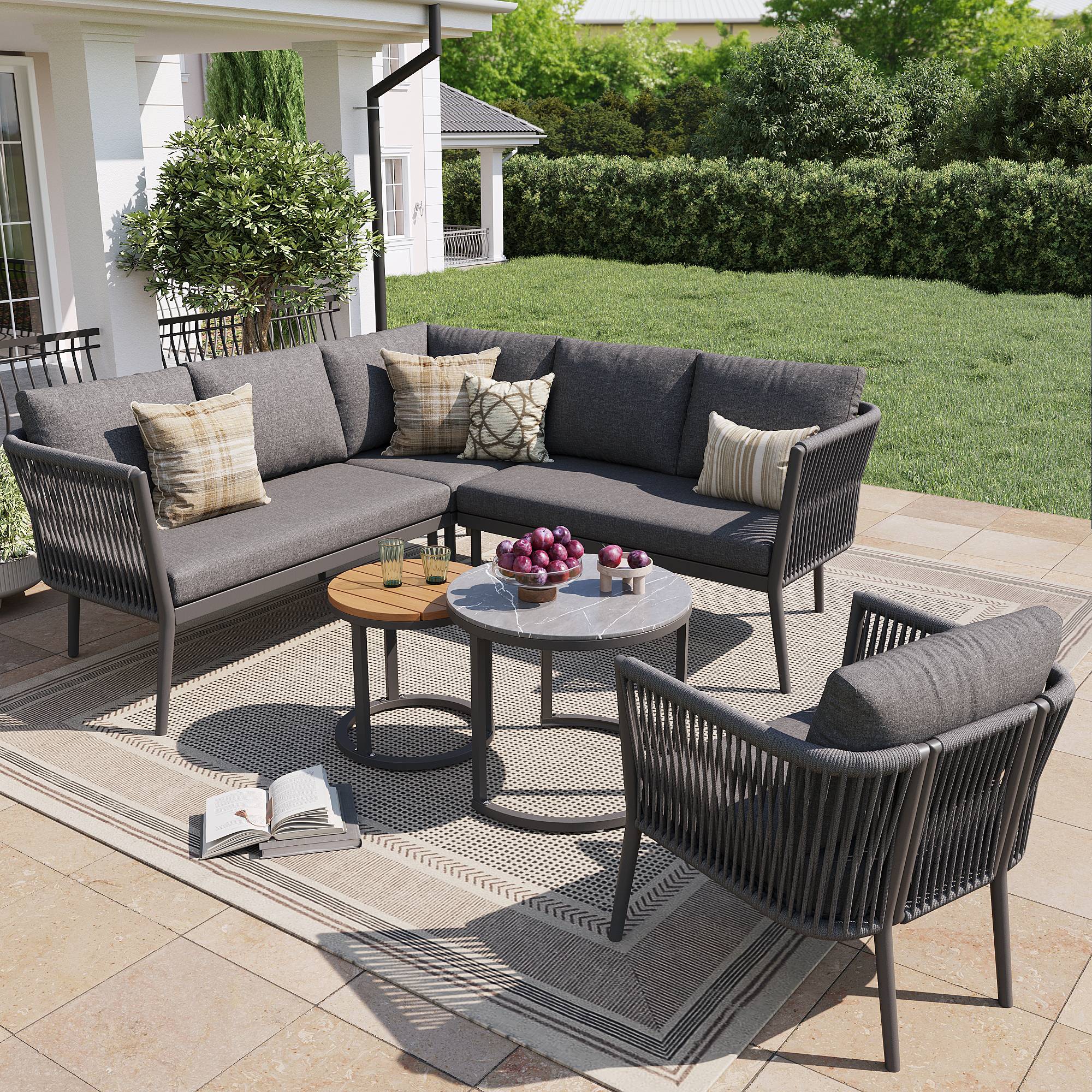 Salon de Jardin avec 2 Canapés 1 Fauteuil 1 Module d'angle et 2 Tables pour terrasse Olefin Gris - Image 2
