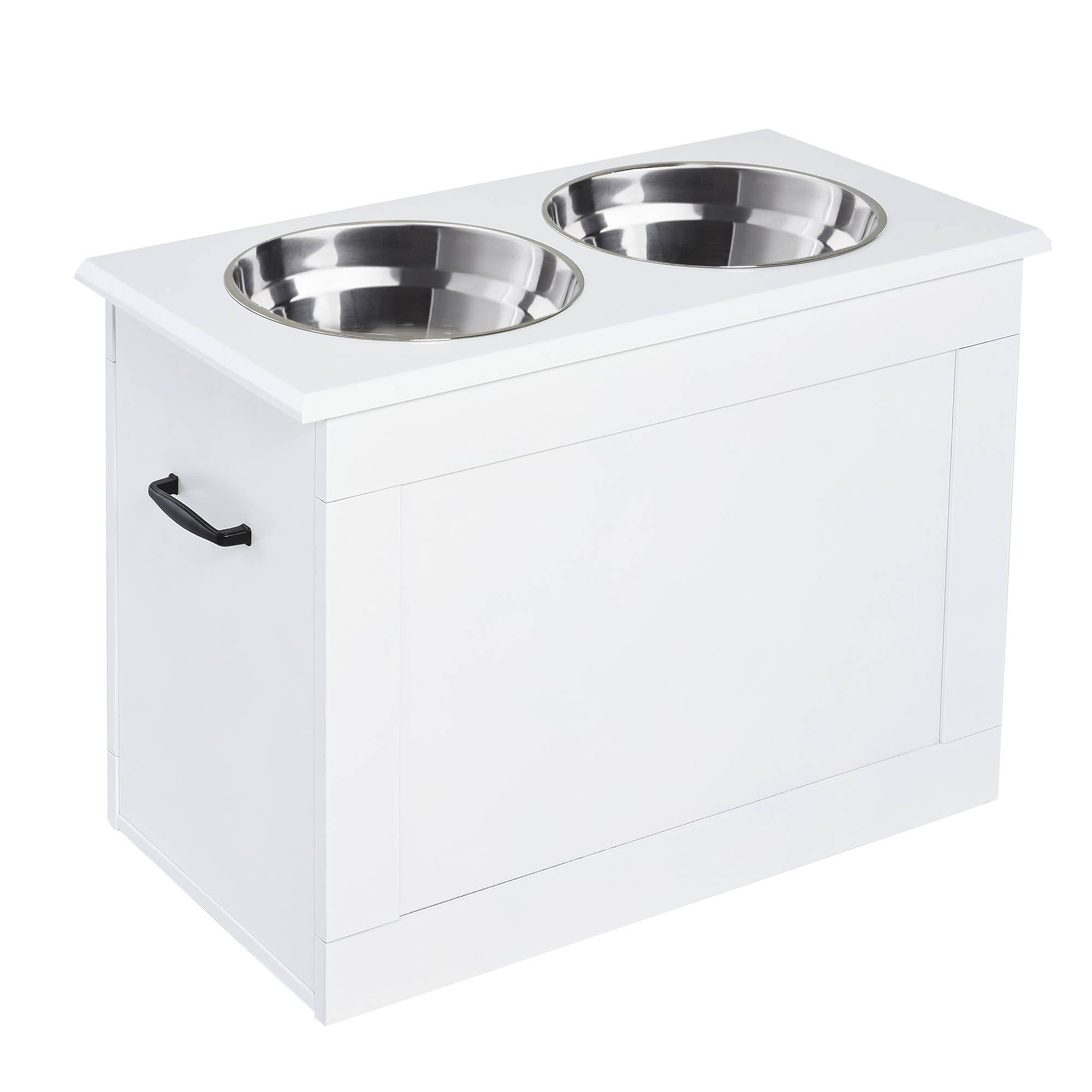Nourrisseur pour chien surélevé avec rangement, 2 bols en inox 2000ml, MDF, blanc 60 x 30 x 41 cm - PANGIVO - Image 1