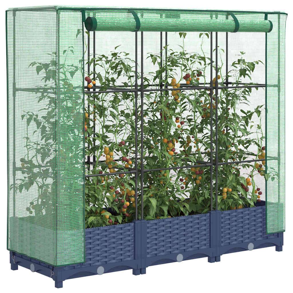 PANGIVO - Carré potager surélevé PP bleu-gris avec housse PE aspect rotin 120 x 40 x 123 cm - PANGIVO