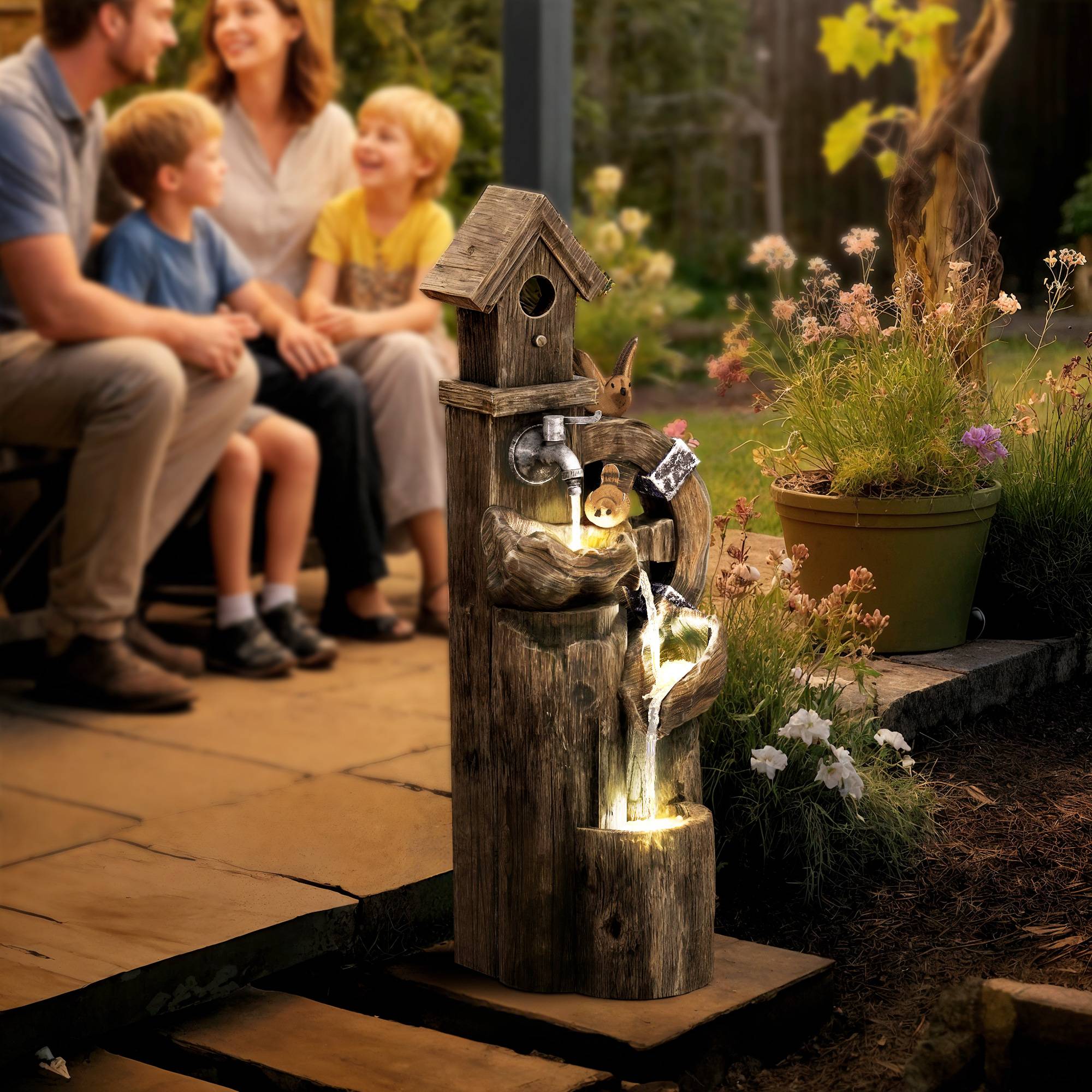Fontaine de jardin cascade résine extérieur décoration LED débit réglable 92cm - ComfortXL Outdoor Living - Image 3