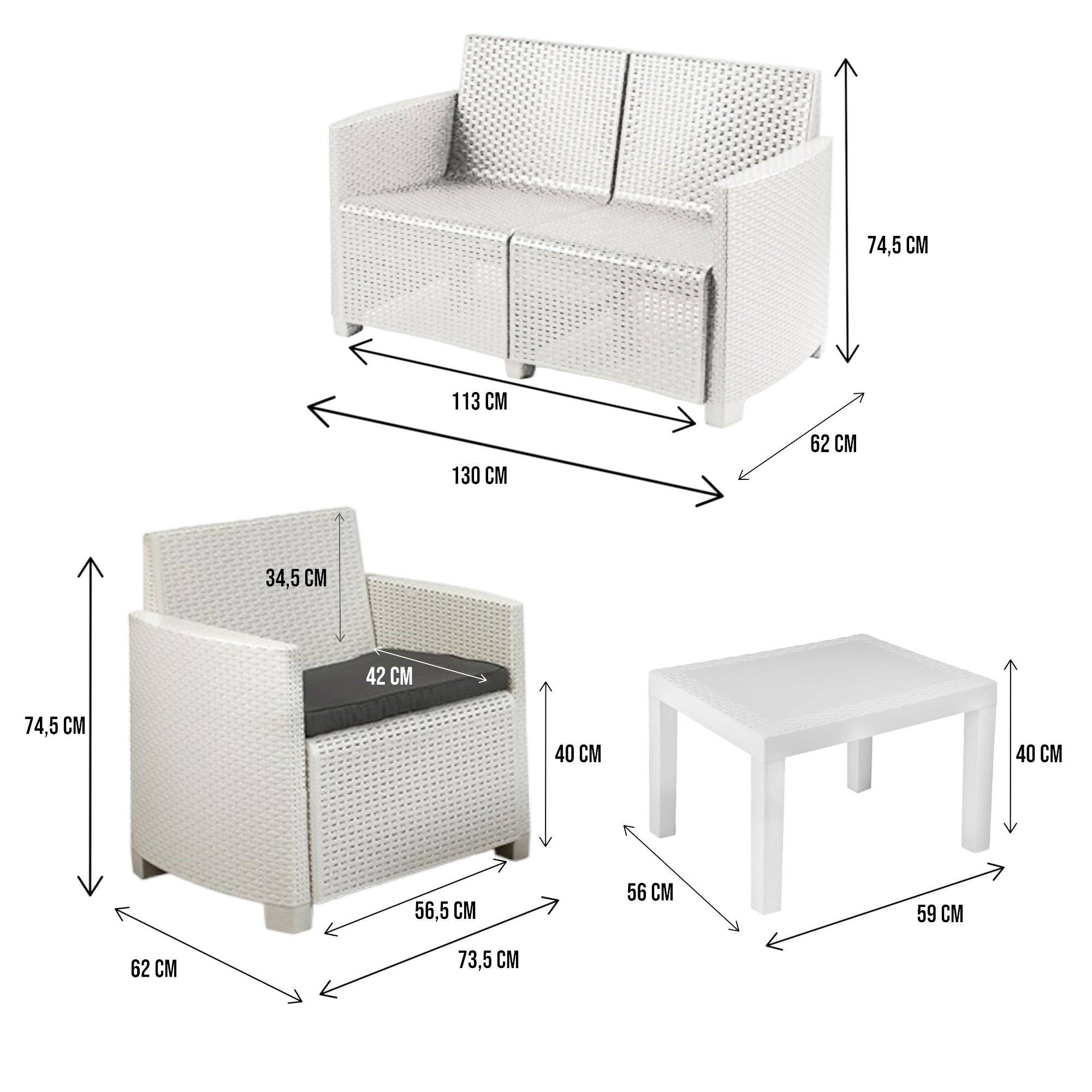 Dmora - Ensemble de salon d'extérieur Vieste, Composition de jardin avec 2 fauteuils, 1 canapé et 1 table basse, Effet rotin avec coussins, Blanc - Dmora - Imagen 3