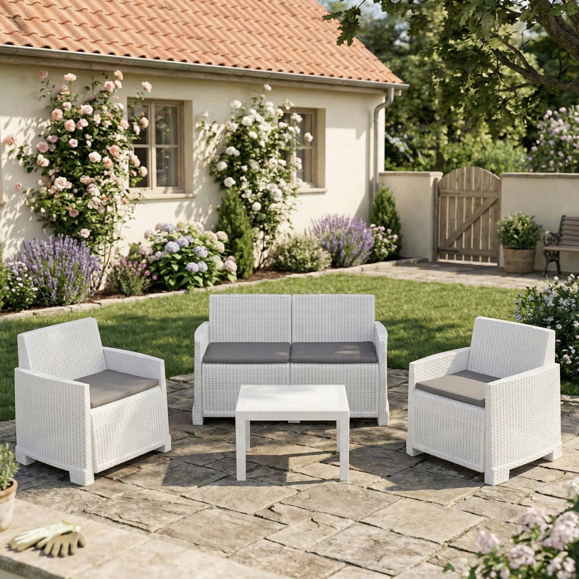 Dmora - Ensemble de salon d'extérieur Vieste, Composition de jardin avec 2 fauteuils, 1 canapé et 1 table basse, Effet rotin avec coussins, Blanc - Dmora - Imagen 2