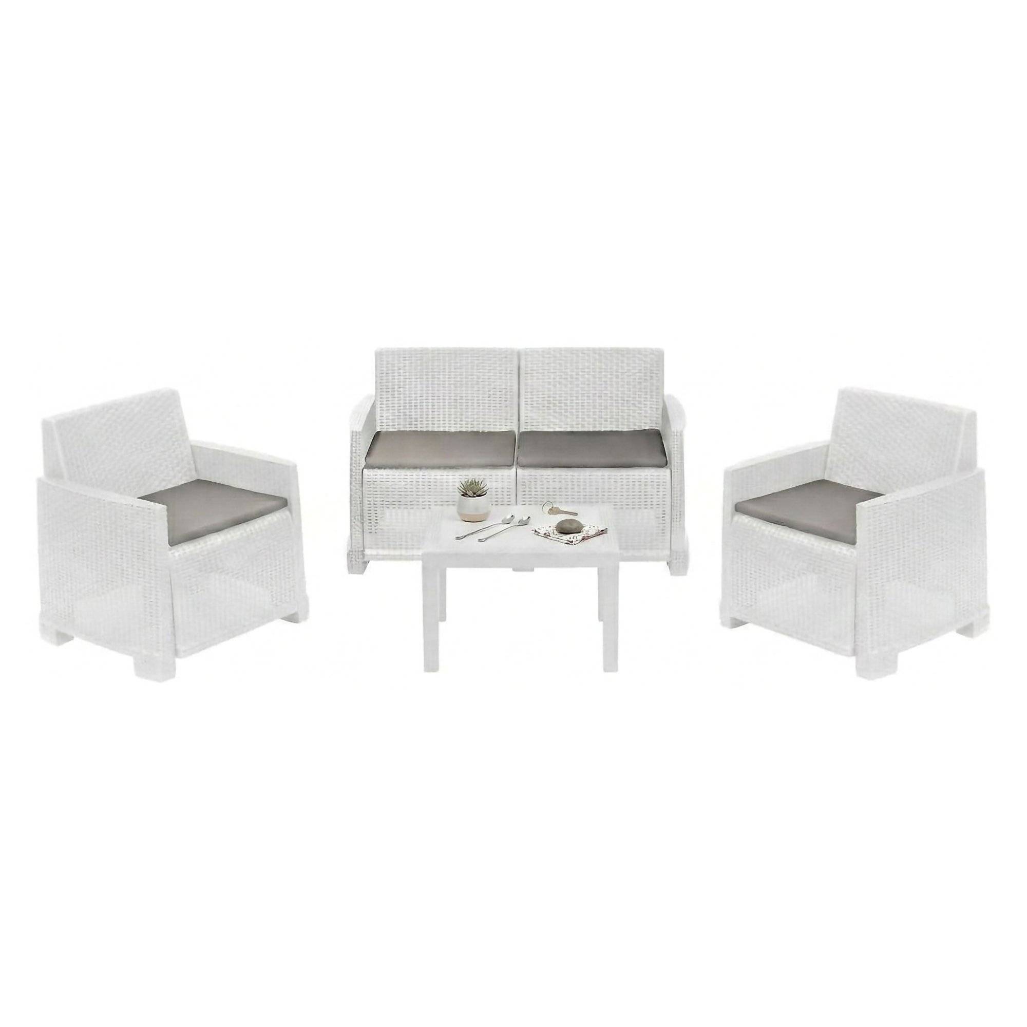 Dmora - Ensemble de salon d'extérieur Vieste, Composition de jardin avec 2 fauteuils, 1 canapé et 1 table basse, Effet rotin avec coussins, Blanc - Dmora - Imagen 1