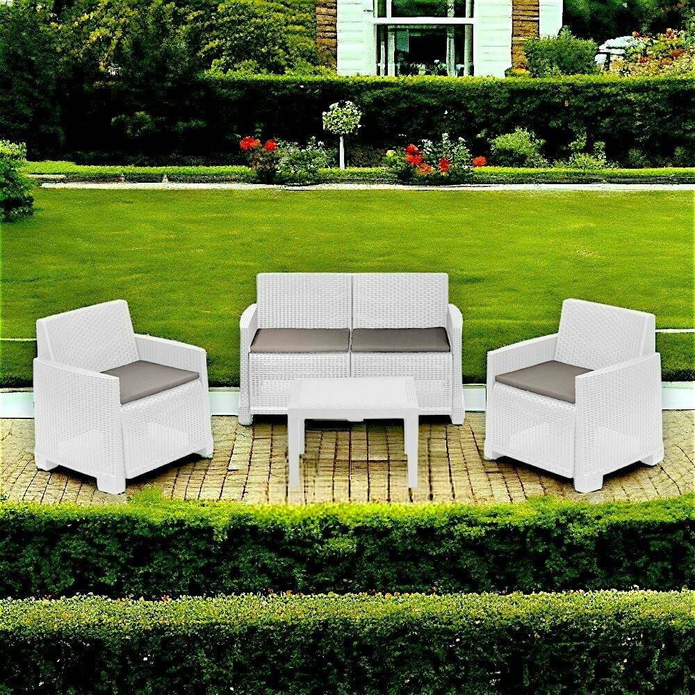 Dmora - Ensemble de salon d'extérieur Vieste, Composition de jardin avec 2 fauteuils, 1 canapé et 1 table basse, Effet rotin avec coussins, Blanc - Dmora - Imagen 5