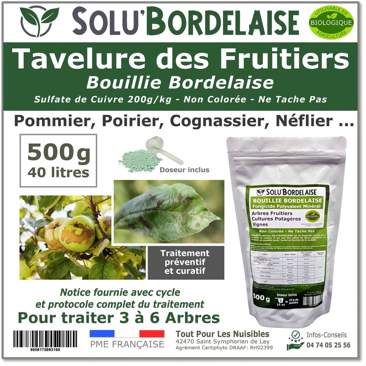 Solu'Bordelaise-Tavelure des Fruitiers - 500 g de Bouillie Bordelaise Non Colorée- Polyvalent à base de Sulfate de Cuivre 200 g/kg-UAB-Doseur inclus