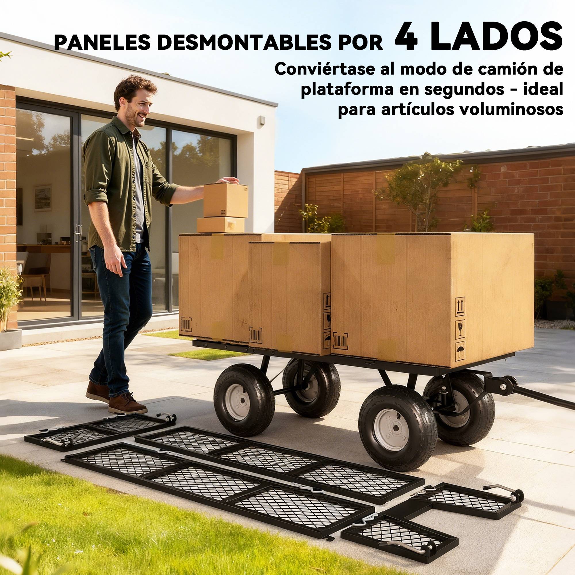Chariot de jardin acier transport extérieur charge 300kg roues caoutchouc 105cm vert - ComfortXL Outdoor Living - Image 6
