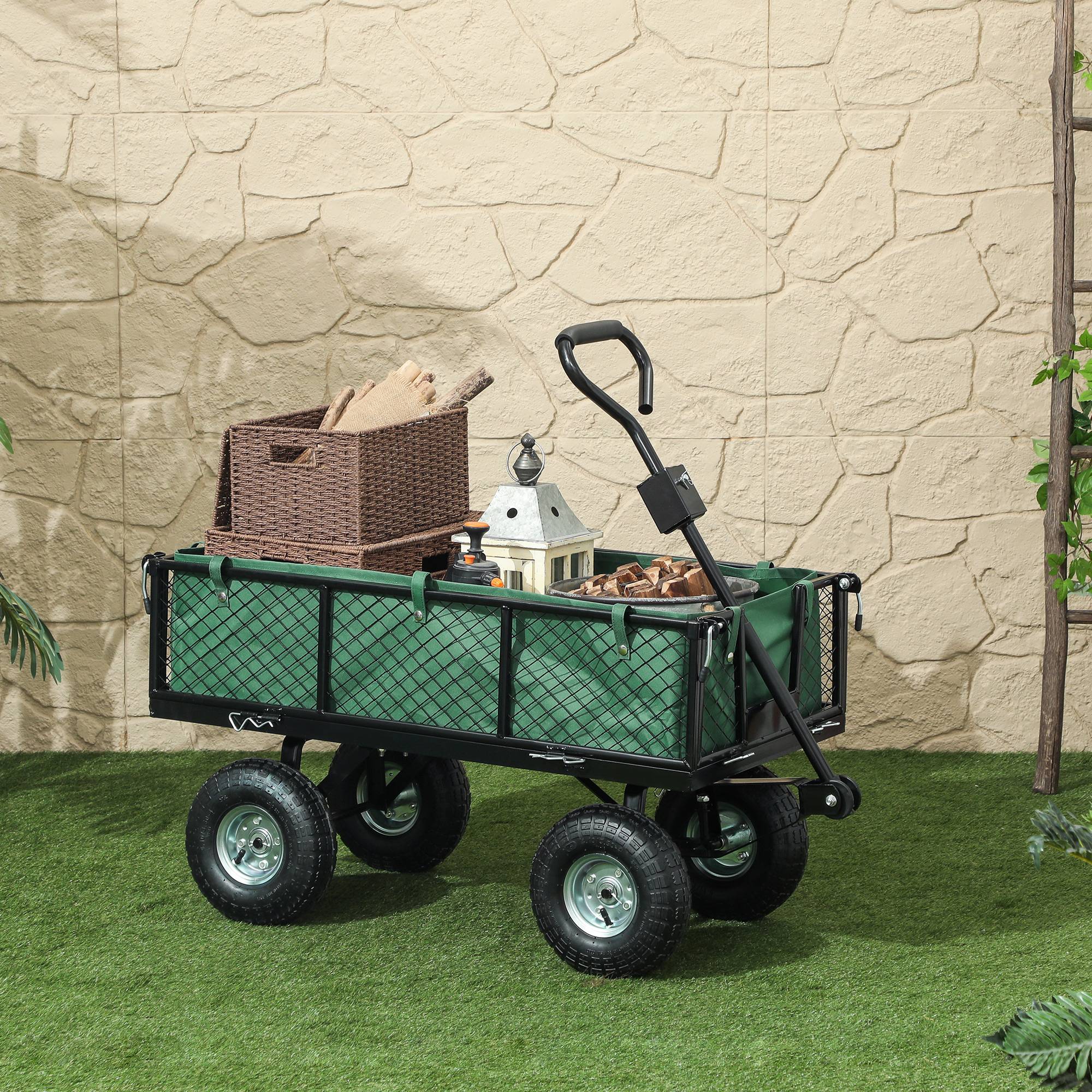 Chariot de jardin acier transport extérieur charge 300kg roues caoutchouc 105cm vert - ComfortXL Outdoor Living - Image 4
