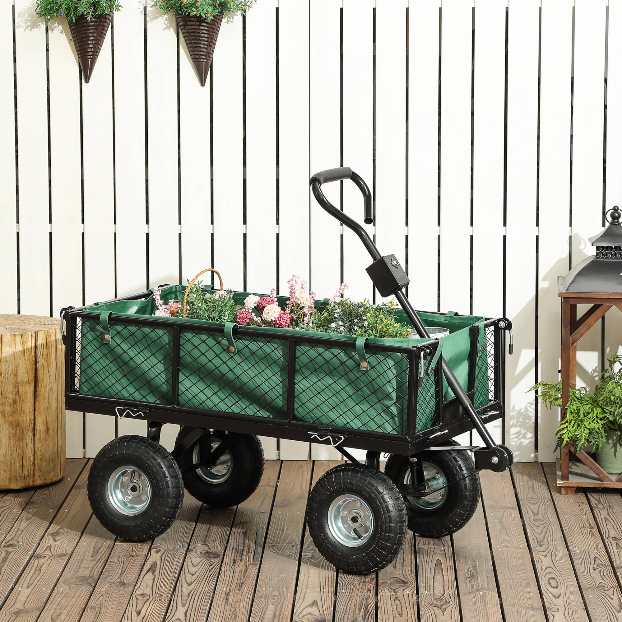 Chariot de jardin acier transport extérieur charge 300kg roues caoutchouc 105cm vert - ComfortXL Outdoor Living - Image 3