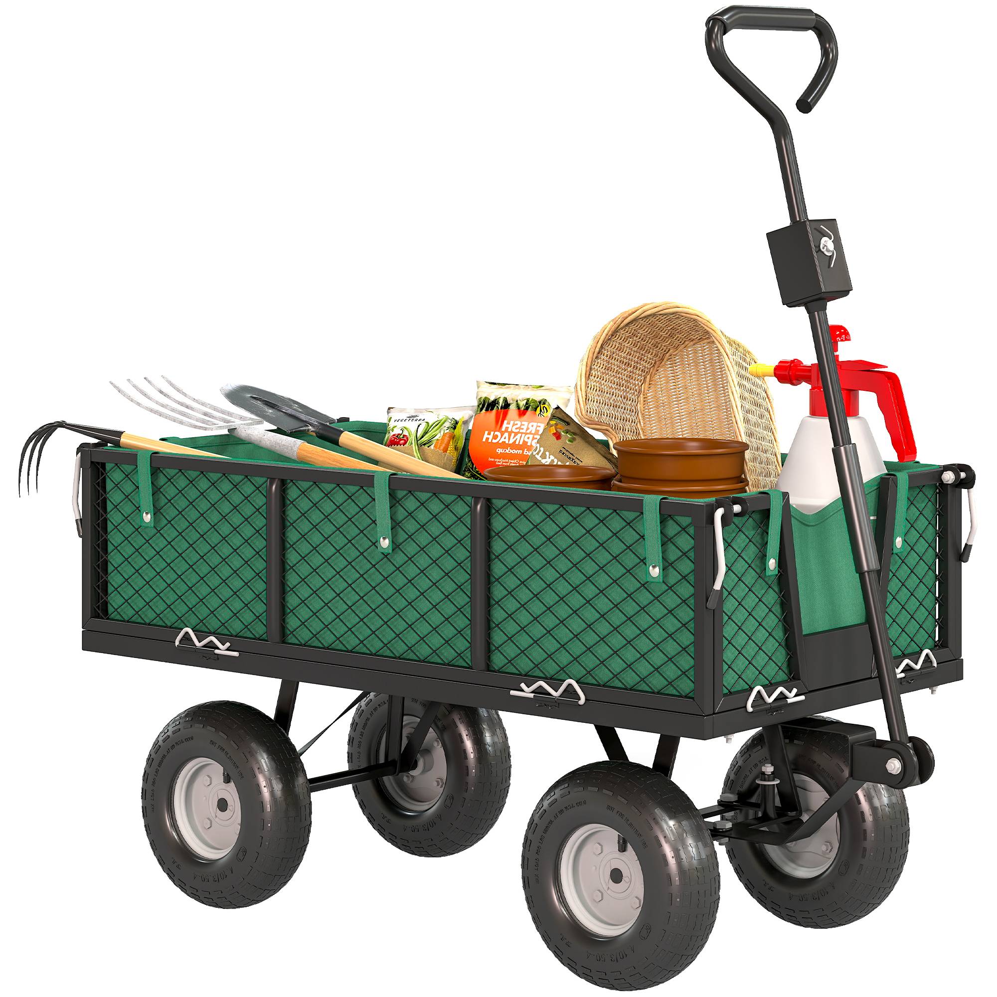 Chariot de jardin acier transport extérieur charge 300kg roues caoutchouc 105cm vert - ComfortXL Outdoor Living - Image 1