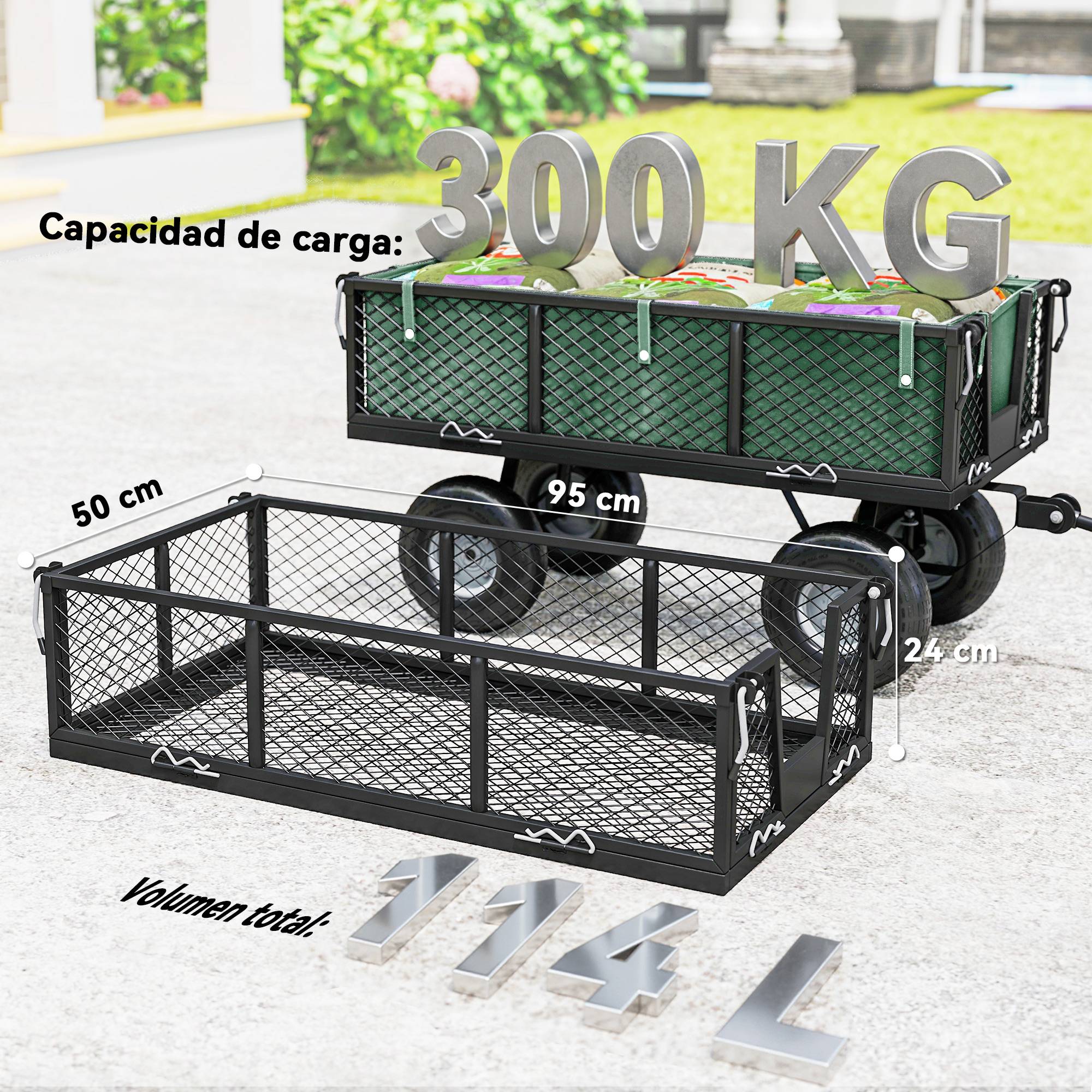 Chariot de jardin acier transport extérieur charge 300kg roues caoutchouc 105cm vert - ComfortXL Outdoor Living - Image 9