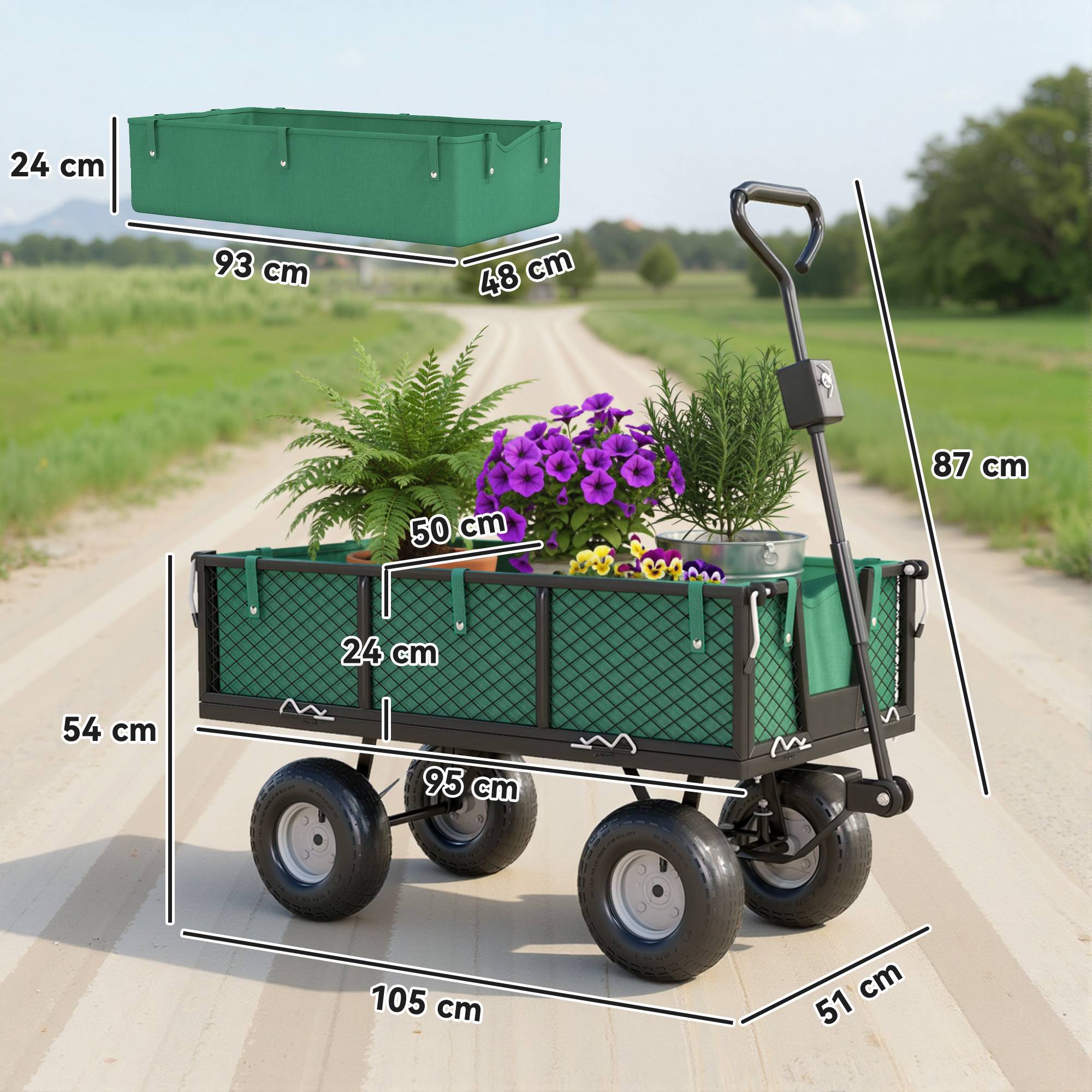 Chariot de jardin acier transport extérieur charge 300kg roues caoutchouc 105cm vert - ComfortXL Outdoor Living - Image 5