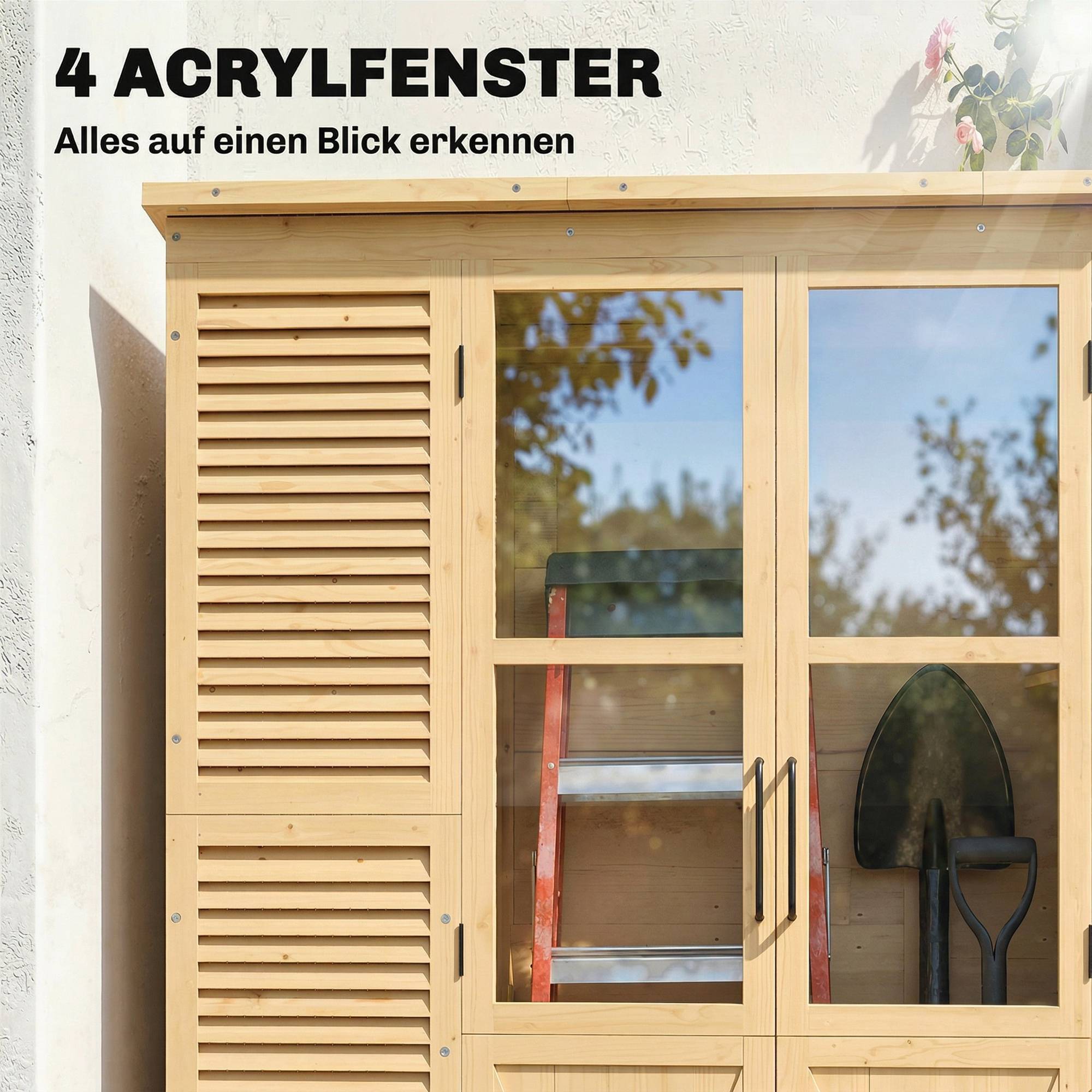 ComfortXL - Abri de jardin en bois de sapin 147 x 68 x 198 cm naturel avec 6 étagères double porte et toit bitumé - Image 5