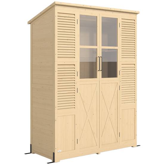 ComfortXL - Abri de jardin en bois de sapin 147 x 68 x 198 cm naturel avec 6 étagères double porte et toit bitumé - Image 10