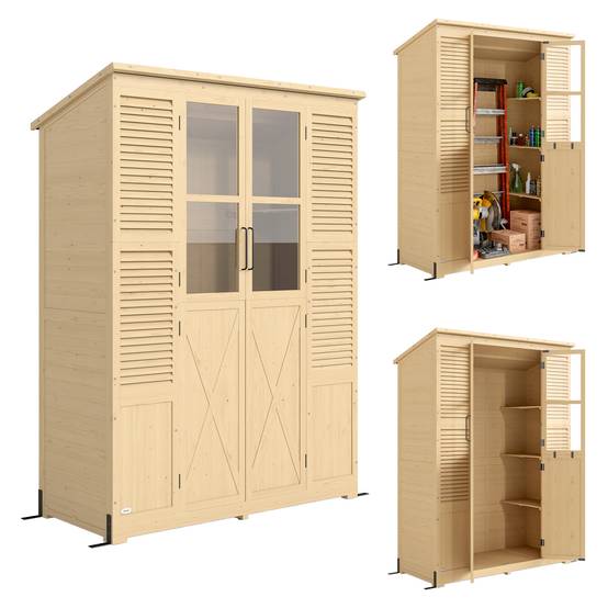 ComfortXL - Abri de jardin en bois de sapin 147 x 68 x 198 cm naturel avec 6 étagères double porte et toit bitumé - Image 2
