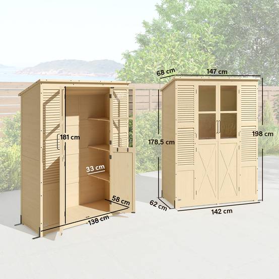 ComfortXL - Abri de jardin en bois de sapin 147 x 68 x 198 cm naturel avec 6 étagères double porte et toit bitumé - Image 3