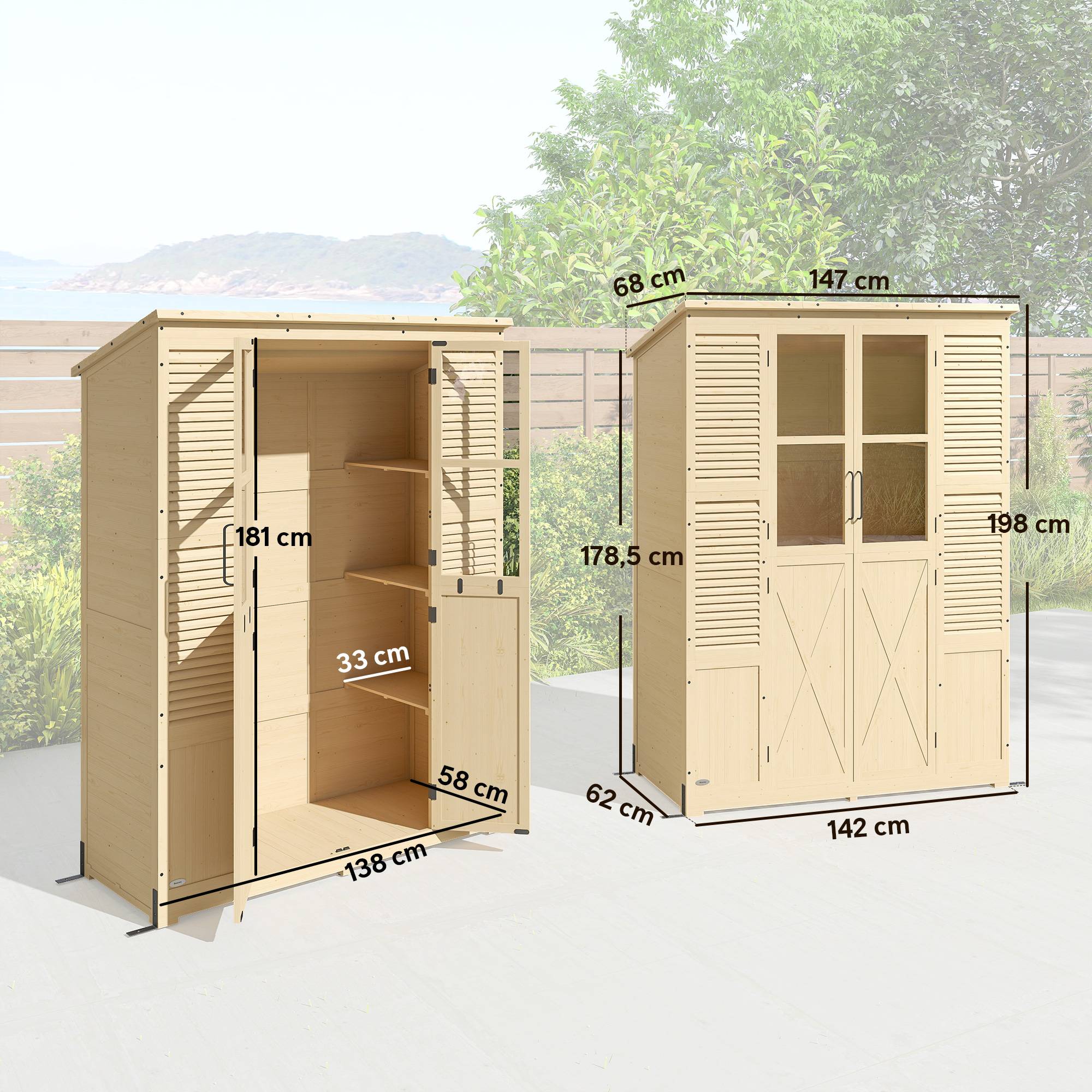 ComfortXL - Abri de jardin en bois de sapin 147 x 68 x 198 cm naturel avec 6 étagères double porte et toit bitumé - Image 3