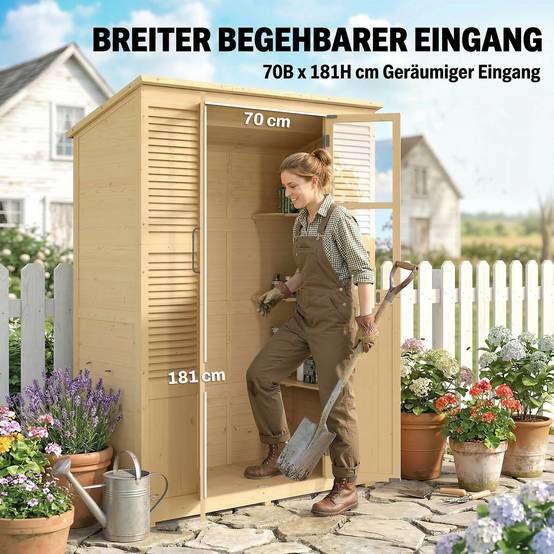 ComfortXL - Abri de jardin en bois de sapin 147 x 68 x 198 cm naturel avec 6 étagères double porte et toit bitumé - Image 4