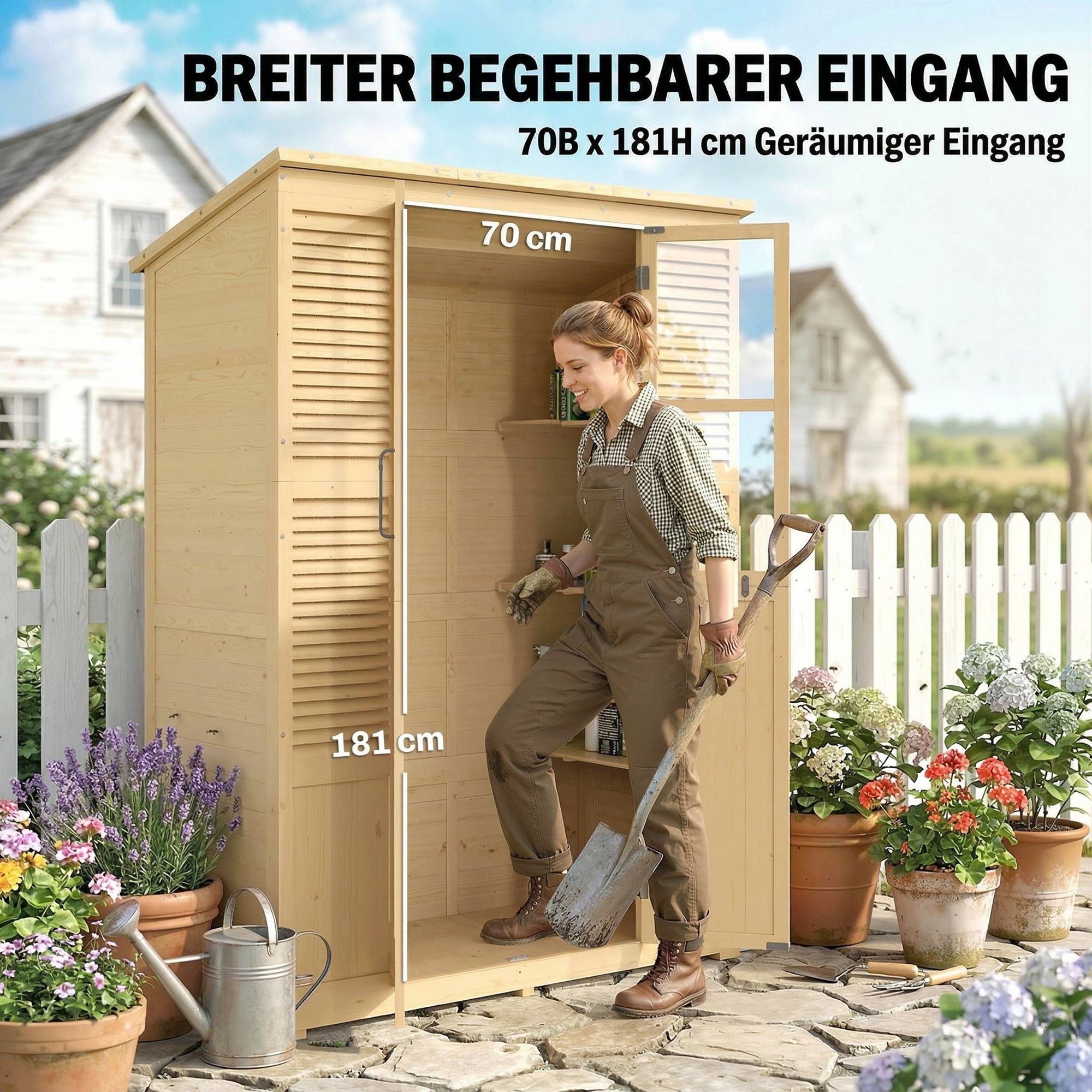 ComfortXL - Abri de jardin en bois de sapin 147 x 68 x 198 cm naturel avec 6 étagères double porte et toit bitumé - Image 4