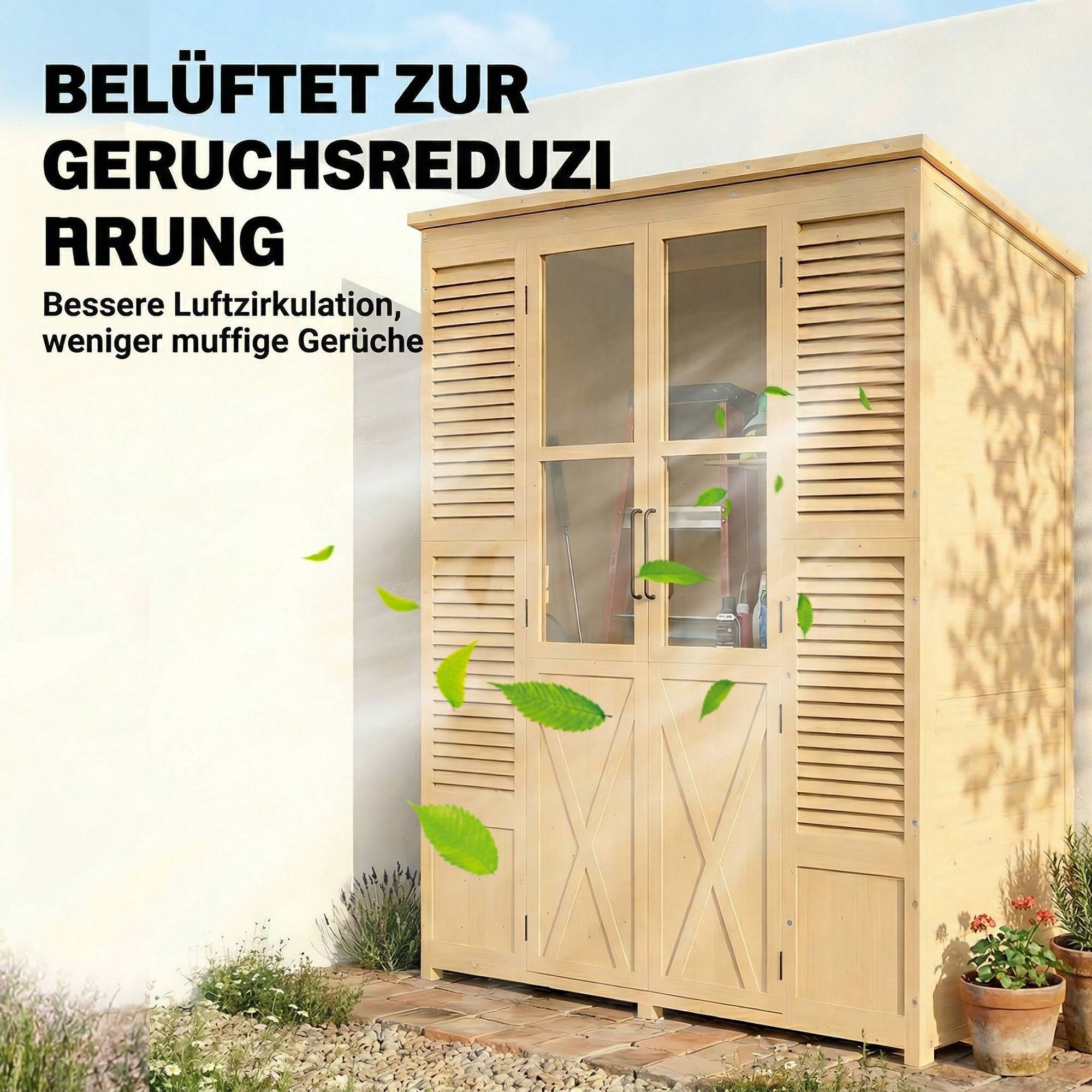 ComfortXL - Abri de jardin en bois de sapin 147 x 68 x 198 cm naturel avec 6 étagères double porte et toit bitumé - Image 9