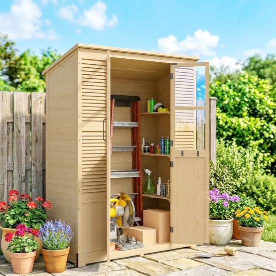 ComfortXL - Abri de jardin en bois de sapin 147 x 68 x 198 cm naturel avec 6 étagères double porte et toit bitumé - Image 1