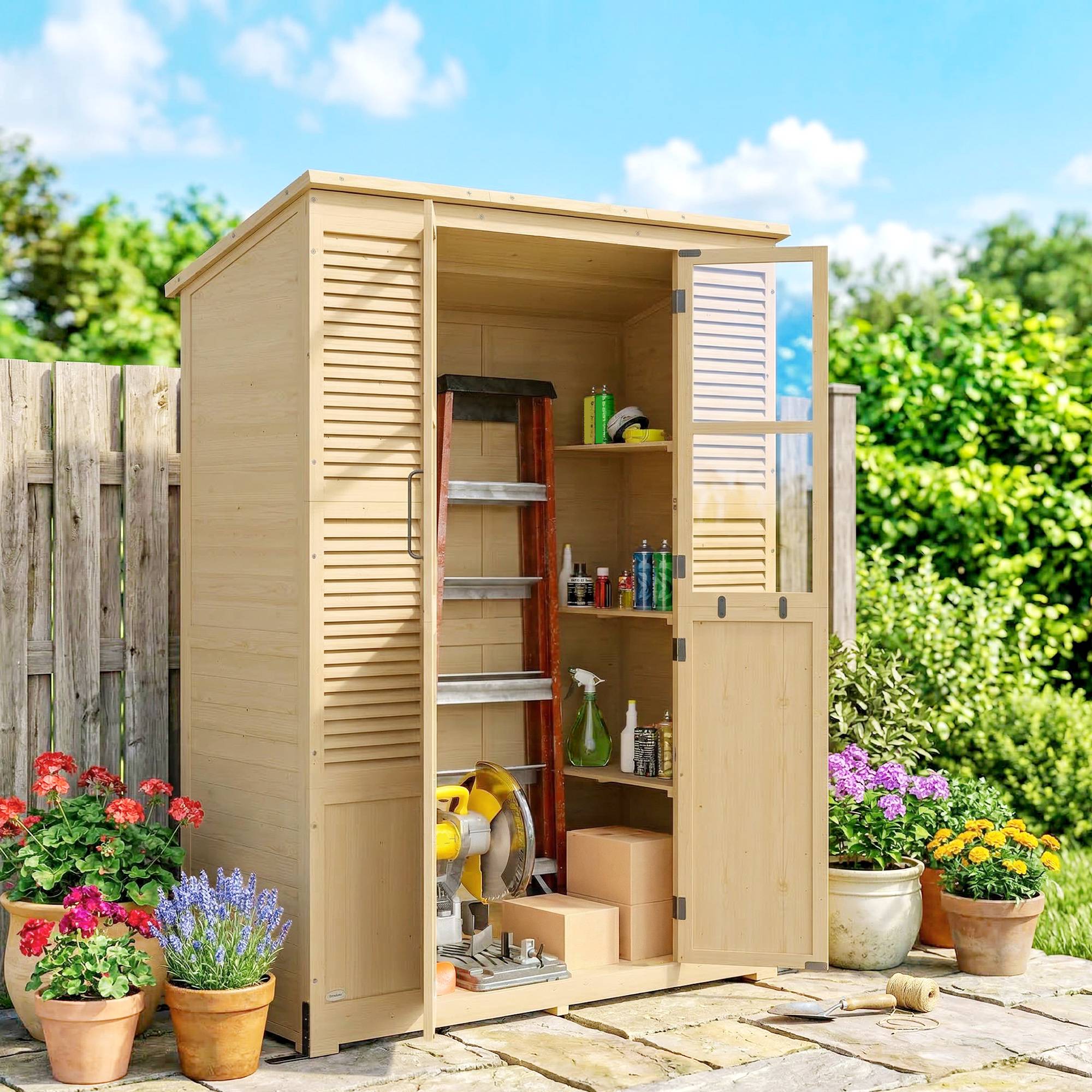 ComfortXL - Abri de jardin en bois de sapin 147 x 68 x 198 cm naturel avec 6 étagères double porte et toit bitumé - Image 1
