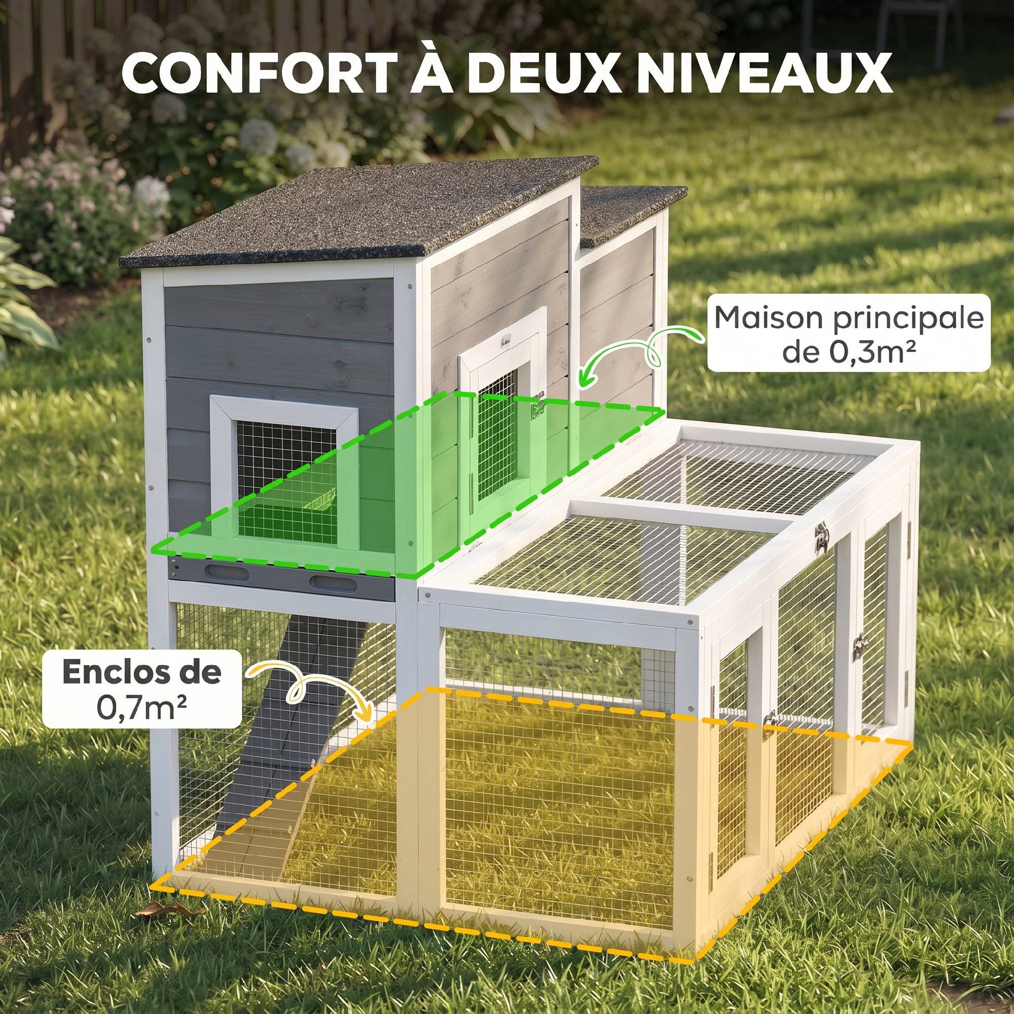 Clapier Lapin Extérieur en Bois Cage à Lapin Intérieur Double Toit Ouvrant Imperméable 2 Niveaux avec Enclos Gris - Image 6