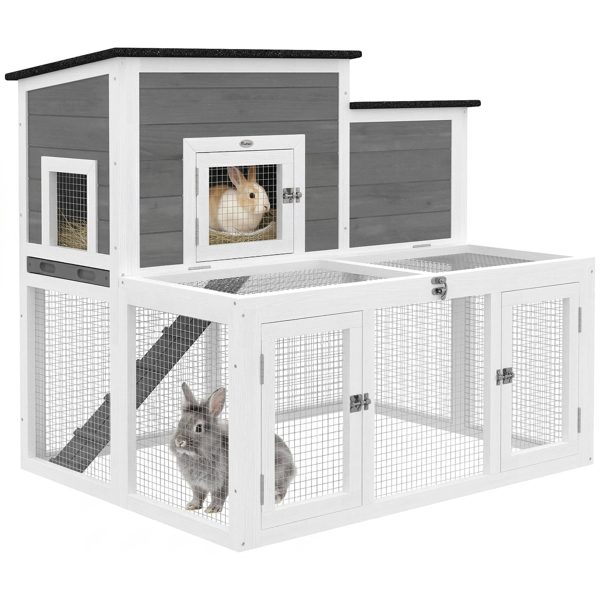 Clapier Lapin Extérieur en Bois Cage à Lapin Intérieur Double Toit Ouvrant Imperméable 2 Niveaux avec Enclos Gris - Image 1