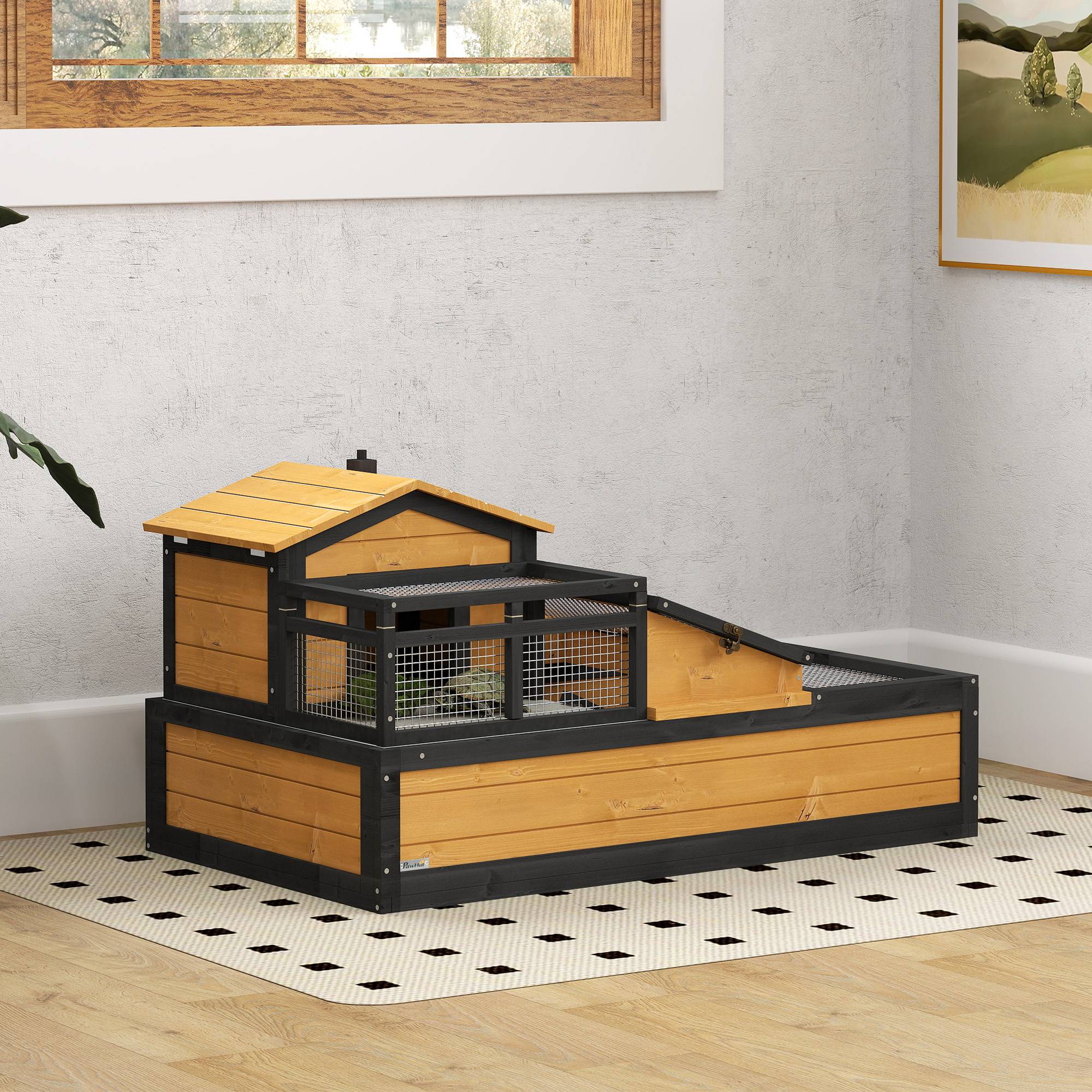 Maison pour tortues à 2 niveaux, intérieur et extérieur, tiroir, bois de sapin, jaune - Image 3