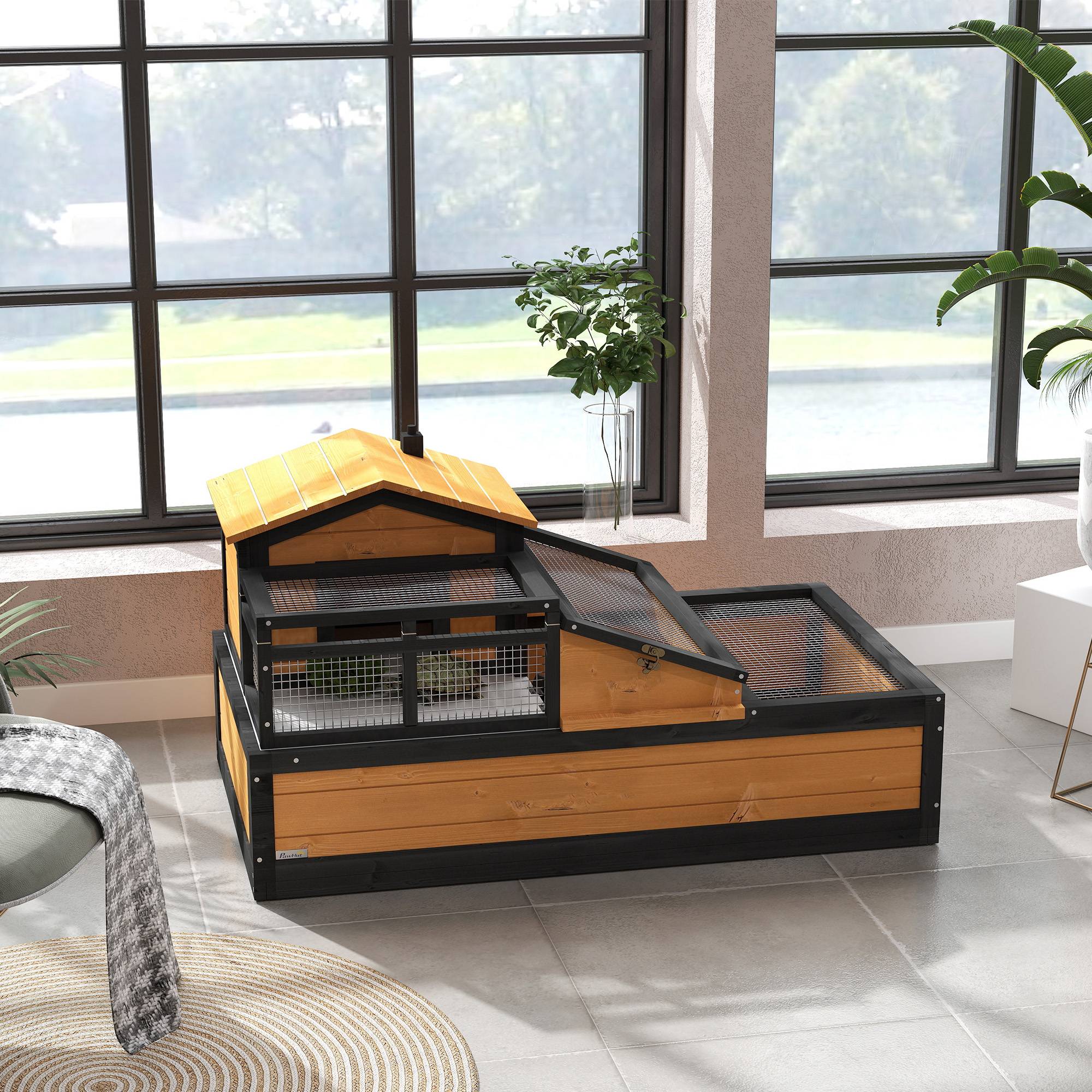 Maison pour tortues à 2 niveaux, intérieur et extérieur, tiroir, bois de sapin, jaune - Image 4