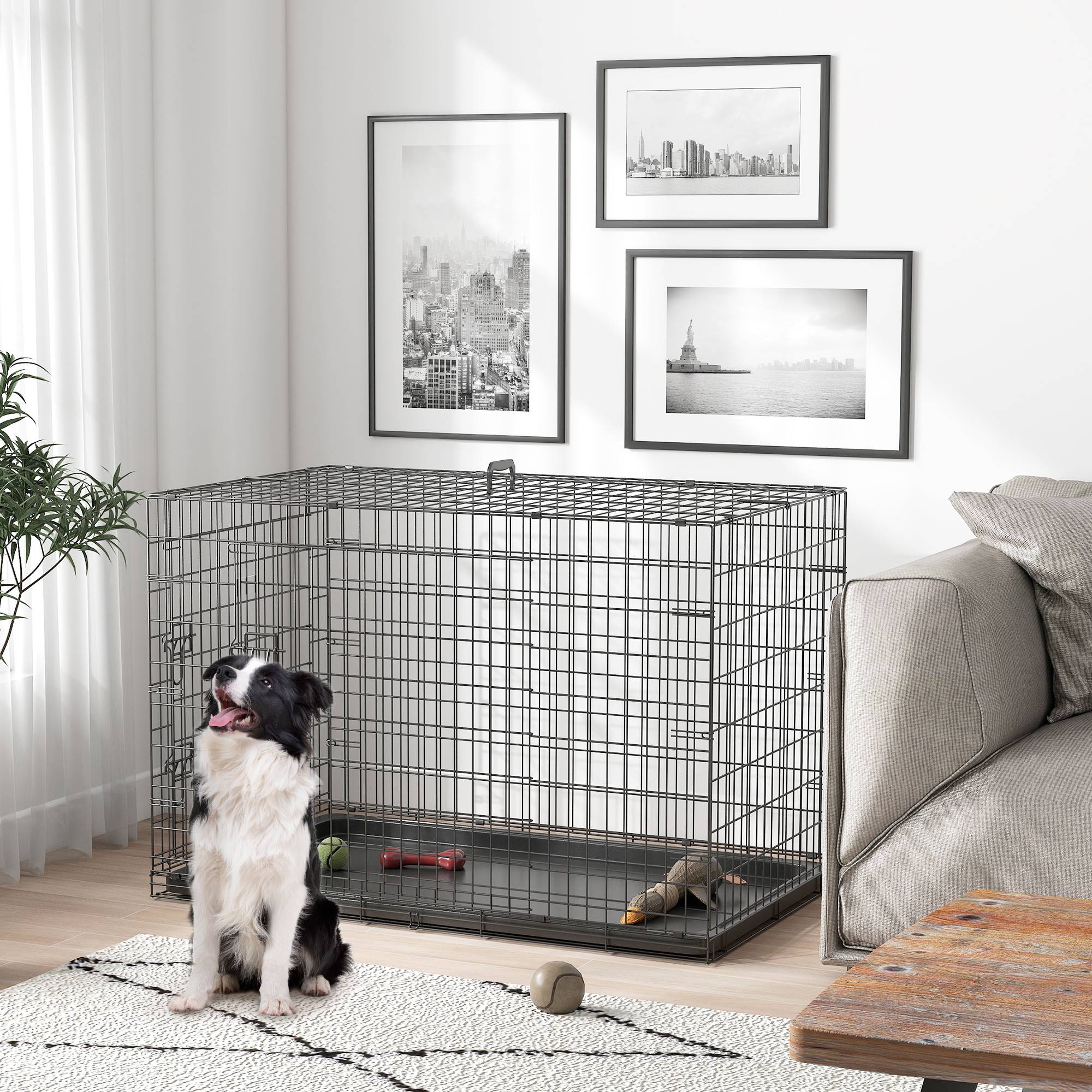 Cage pliable pour chiens de taille moyenne, avec 2 portes, plateau amovible, poignée et structure métallique, en acier, 106 x 68 x 76 cm, noire. - Image 4