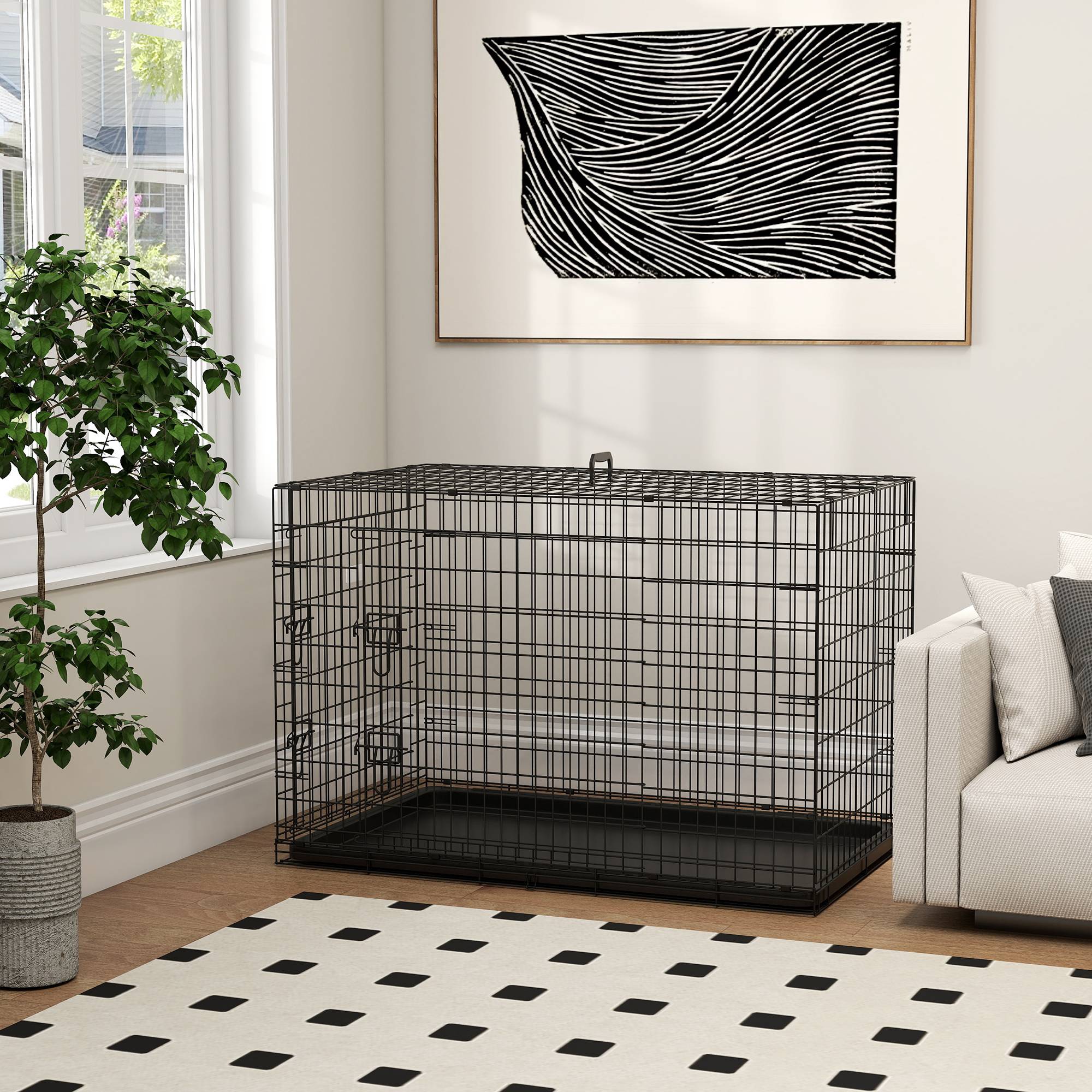 Cage pliable pour chiens de taille moyenne, avec 2 portes, plateau amovible, poignée et structure métallique, en acier, 106 x 68 x 76 cm, noire. - Image 10