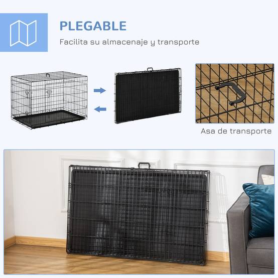 Cage pliable pour chiens de taille moyenne, avec 2 portes, plateau amovible, poignée et structure métallique, en acier, 106 x 68 x 76 cm, noire. - Image 6
