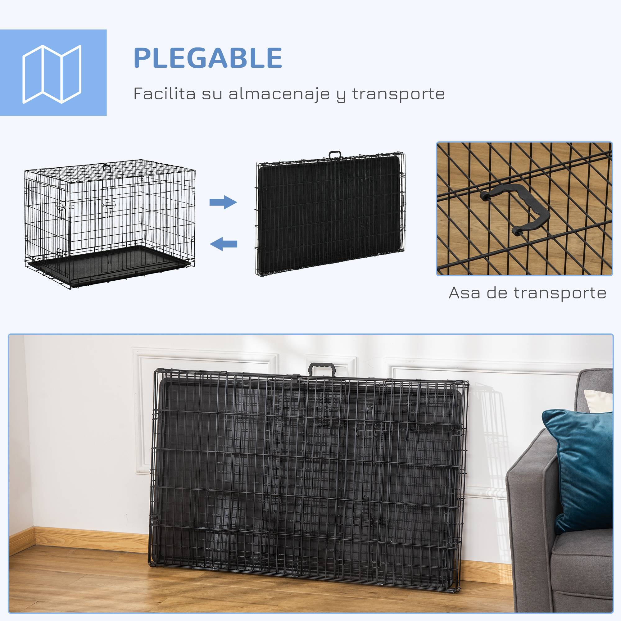Cage pliable pour chiens de taille moyenne, avec 2 portes, plateau amovible, poignée et structure métallique, en acier, 106 x 68 x 76 cm, noire. - Image 6