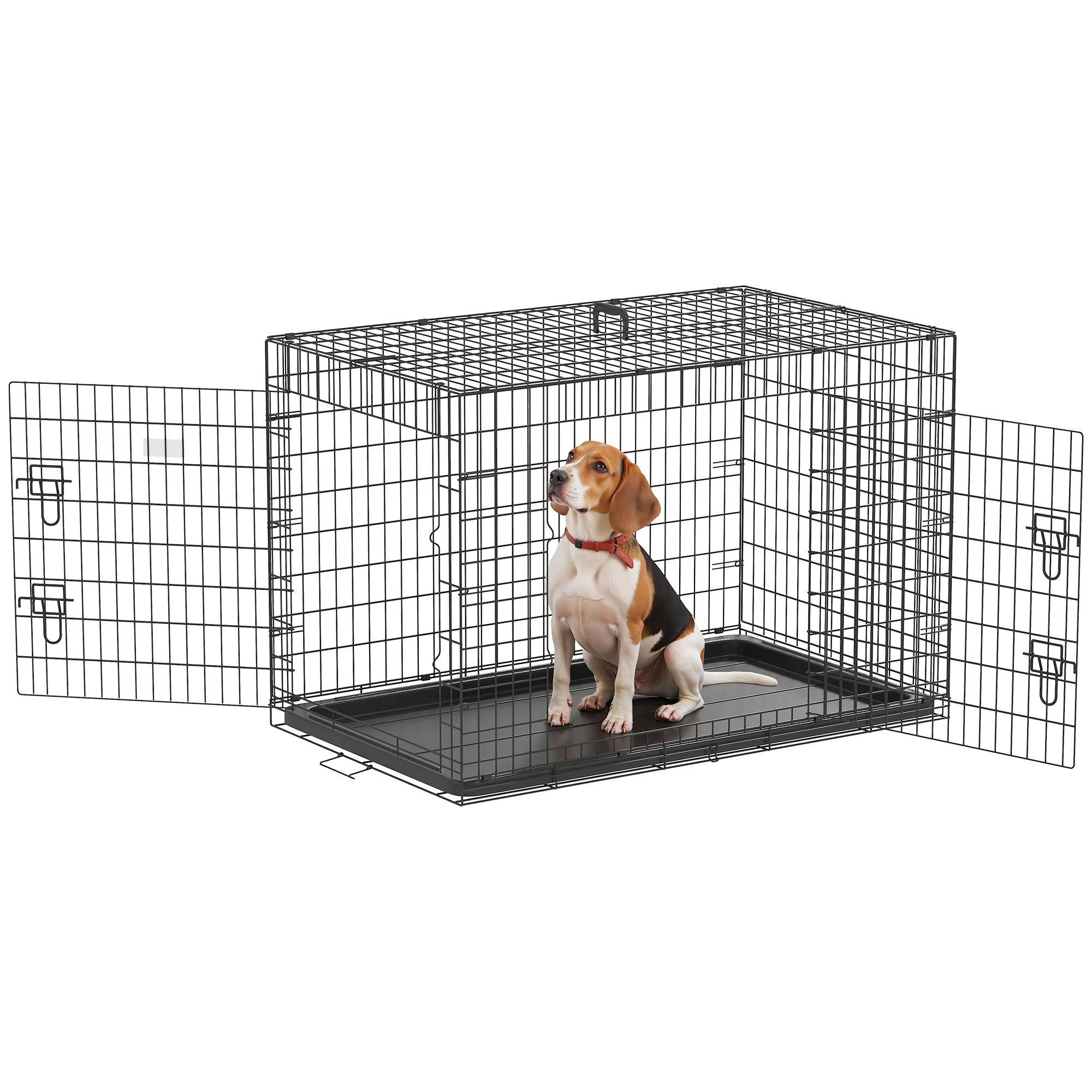 Cage pliable pour chiens de taille moyenne, avec 2 portes, plateau amovible, poignée et structure métallique, en acier, 106 x 68 x 76 cm, noire. - Image 1
