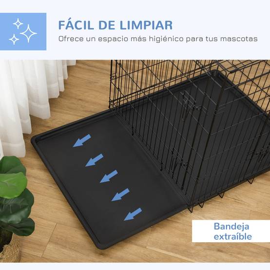 Cage pliable pour chiens de taille moyenne, avec 2 portes, plateau amovible, poignée et structure métallique, en acier, 106 x 68 x 76 cm, noire. - Image 9