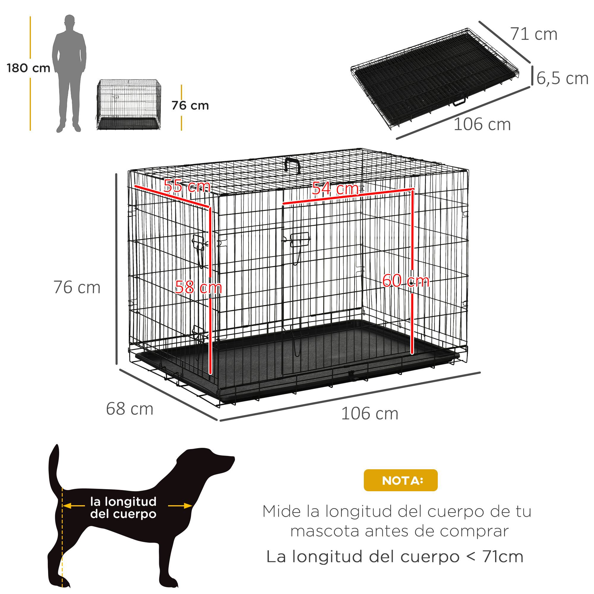 Cage pliable pour chiens de taille moyenne, avec 2 portes, plateau amovible, poignée et structure métallique, en acier, 106 x 68 x 76 cm, noire. - Image 5