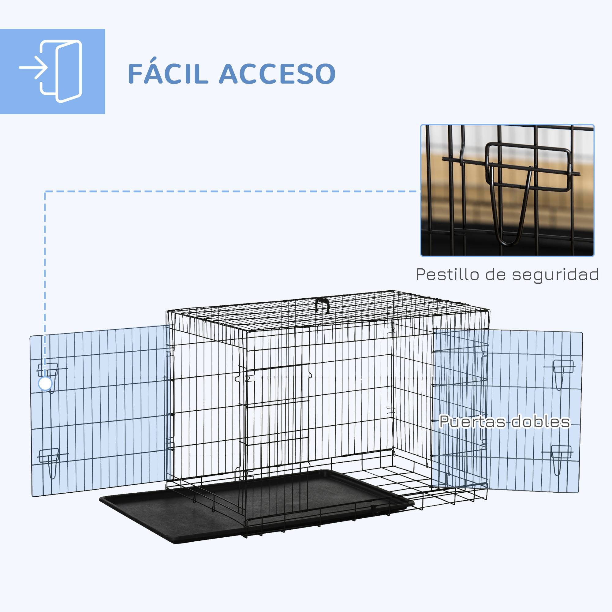 Cage pliable pour chiens de taille moyenne, avec 2 portes, plateau amovible, poignée et structure métallique, en acier, 106 x 68 x 76 cm, noire. - Image 8