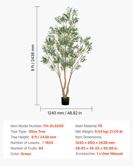 VEVOR Arbre Artificiel Plante Artificielle Faux Olivier 2,4 m Déco d'Intérieur - Image 7