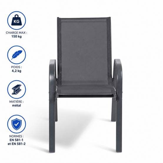 Lot de 4 Chaises de jardin textilène - Tissu haute densité - Gris anthracite - TERRE JARDIN - Image 6