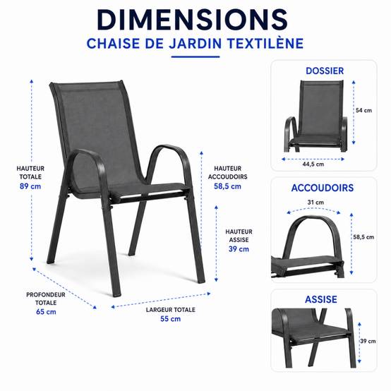 Lot de 4 Chaises de jardin textilène - Tissu haute densité - Gris anthracite - TERRE JARDIN - Image 2
