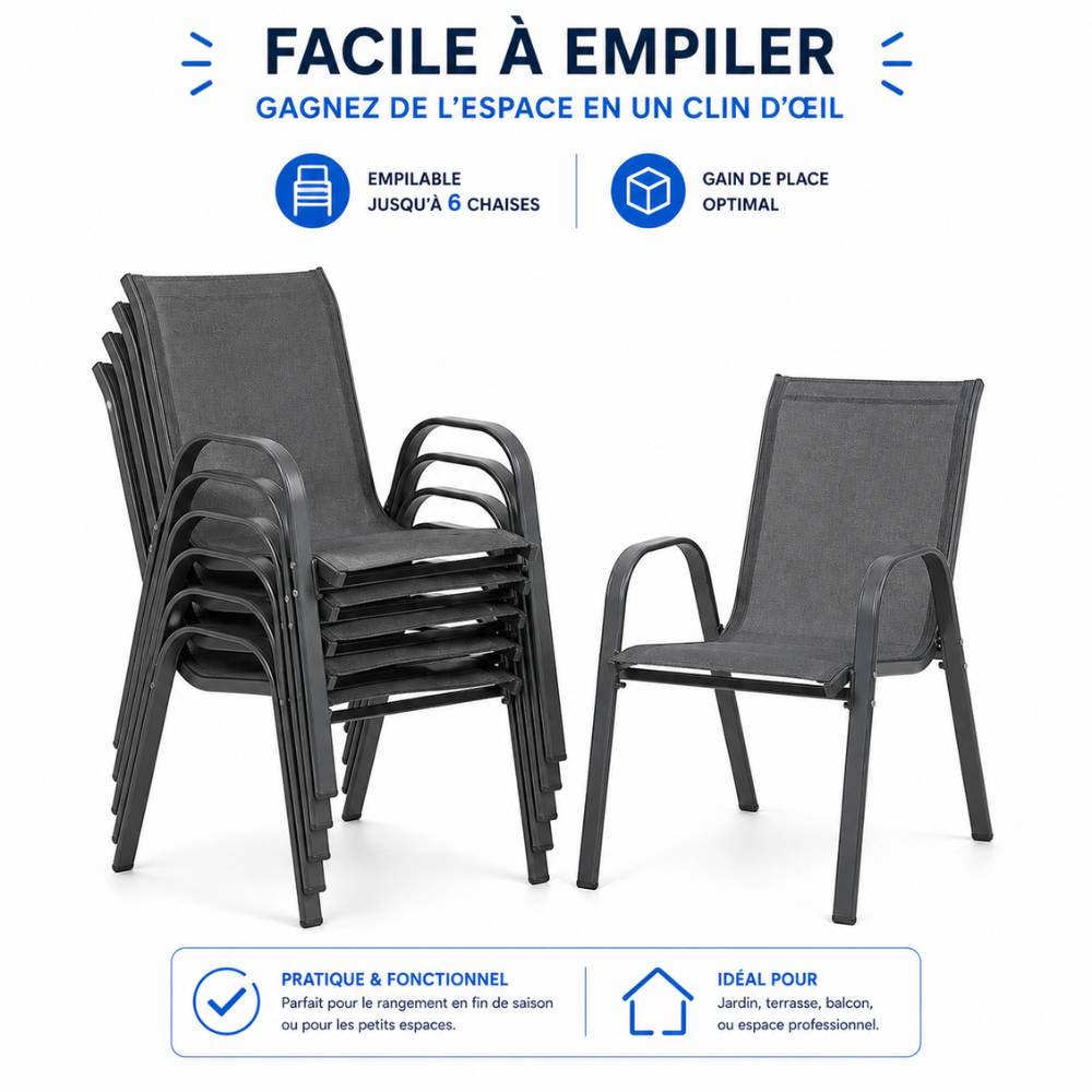 Lot de 4 Chaises de jardin textilène - Tissu haute densité - Gris anthracite - TERRE JARDIN - Image 4
