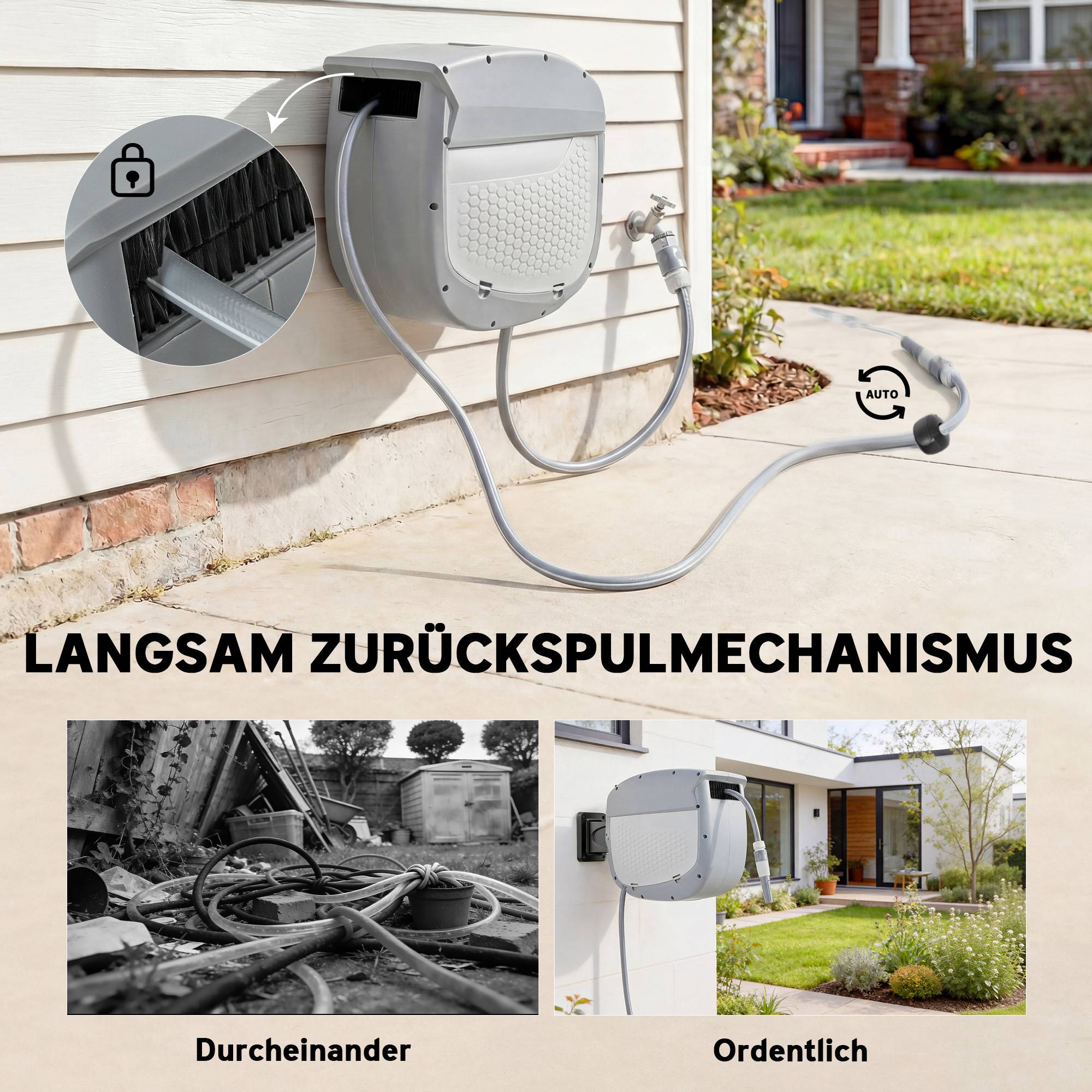 ComfortXL - Dévidoir mural automatique plastique gris tuyau 30 m orientable 180° pour arrosage jardin et nettoyage - Image 5