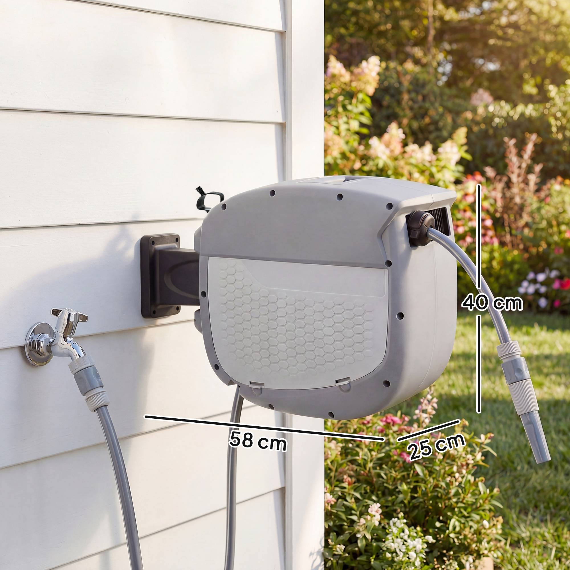 ComfortXL - Dévidoir mural automatique plastique gris tuyau 30 m orientable 180° pour arrosage jardin et nettoyage - Image 3