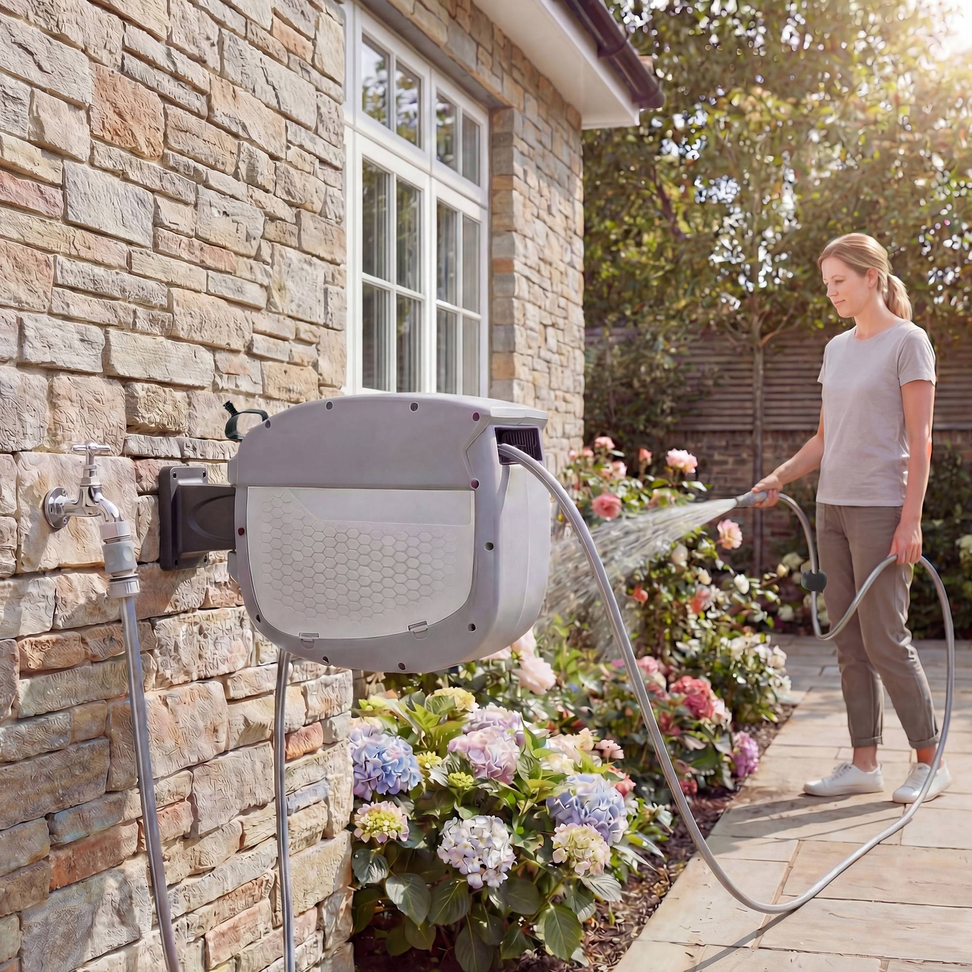 ComfortXL - Dévidoir mural automatique plastique gris tuyau 30 m orientable 180° pour arrosage jardin et nettoyage - Image 9