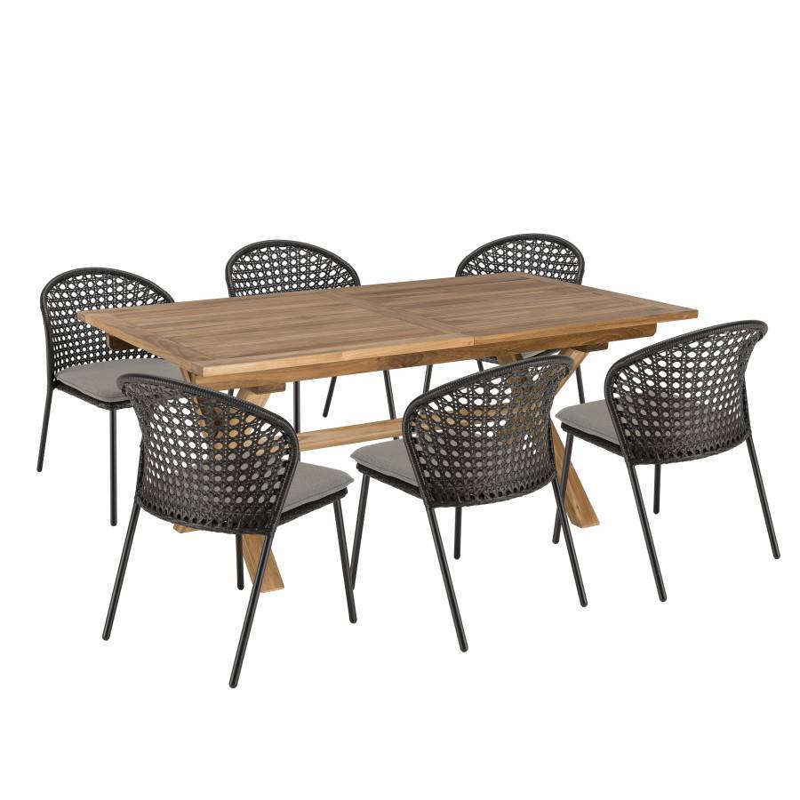 Macabane - MALO - SALON DE JARDIN 6 PERS. - 1 table rectangulaire 180x100cm et 6 chaises grises et noires - Imagen 1