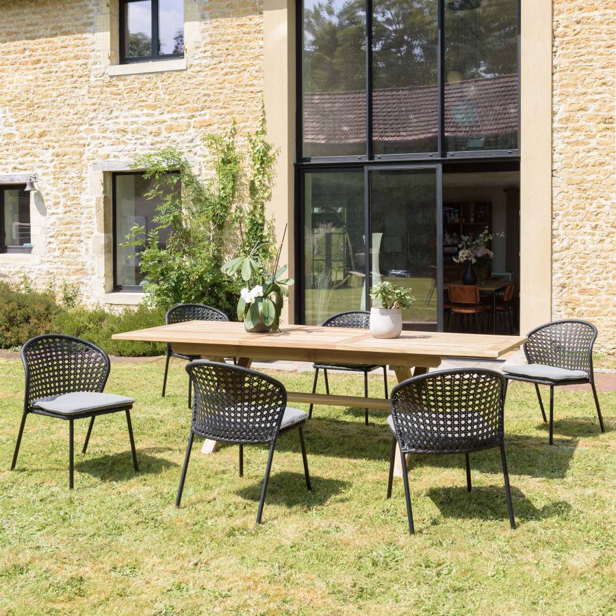 Macabane - MALO - SALON DE JARDIN 6 PERS. - 1 table rectangulaire 180x100cm et 6 chaises grises et noires - Imagen 2